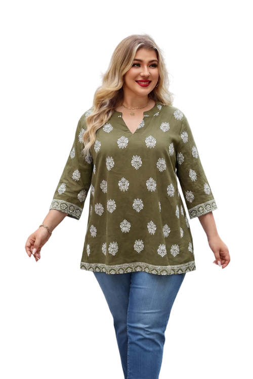 Plus Size Tops 3/4 Sleeve Boho Blouses Dressy Casual V Neck Tunic Loose Fit Floral Peasant Shirts