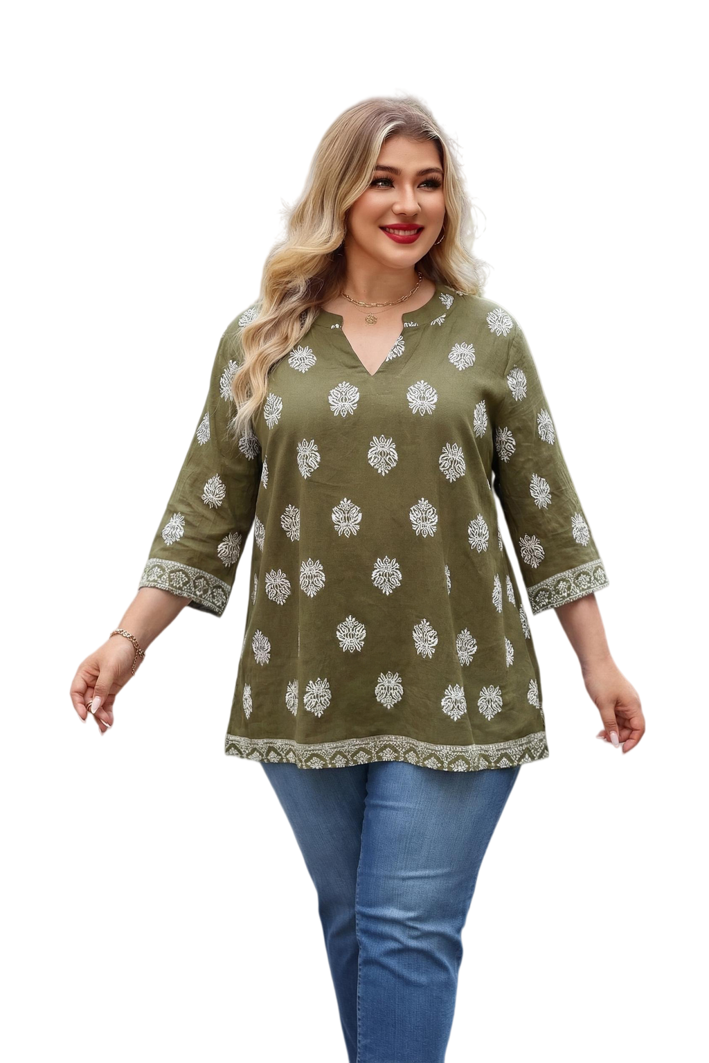 Plus Size Tops 3/4 Sleeve Boho Blouses Dressy Casual V Neck Tunic Loose Fit Floral Peasant Shirts