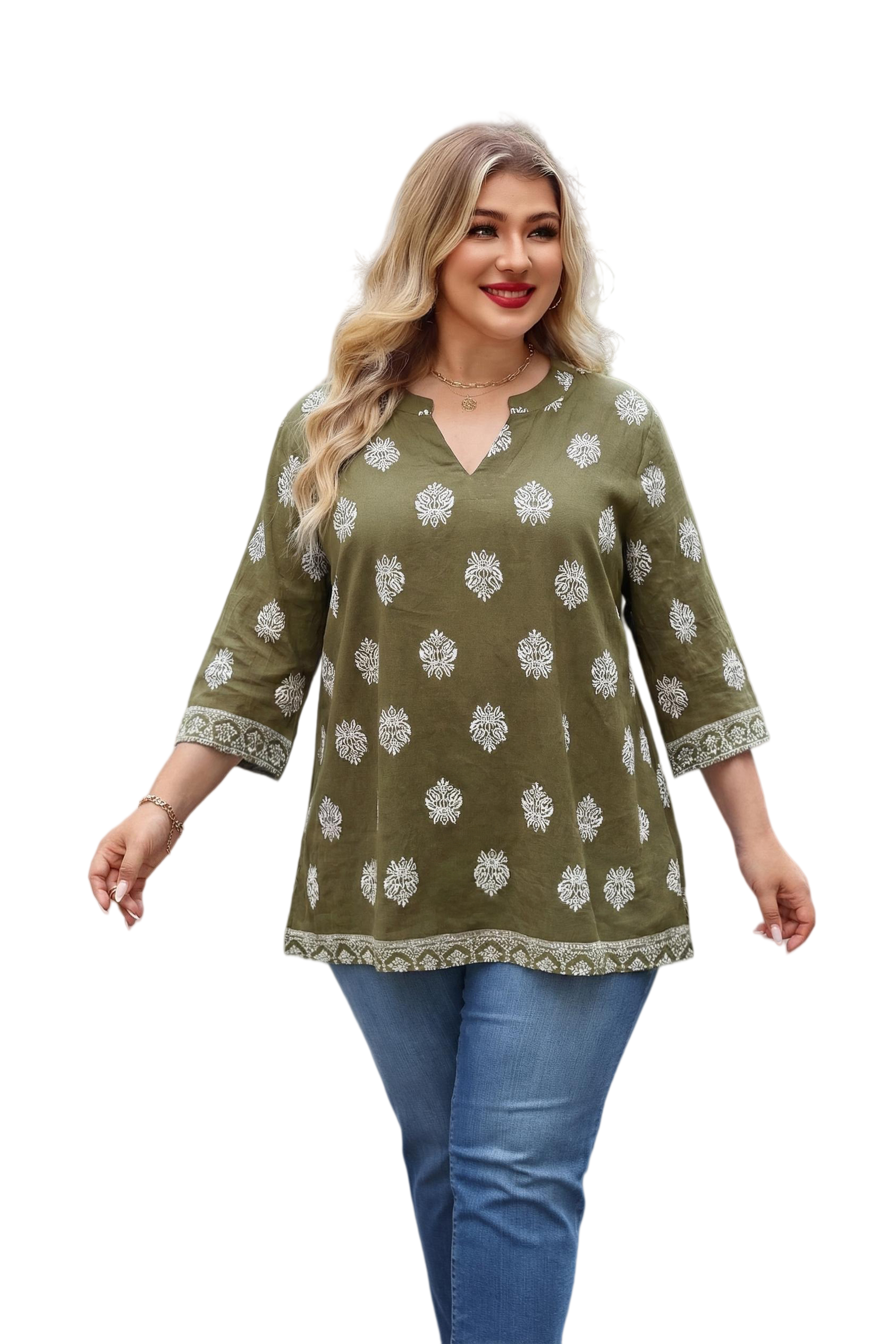 Plus Size Tops 3/4 Sleeve Boho Blouses Dressy Casual V Neck Tunic Loose Fit Floral Peasant Shirts