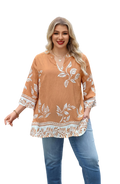 Plus Size Tops 3/4 Sleeve Boho Blouses Dressy Casual V Neck Tunic Loose Fit Floral Peasant Shirts