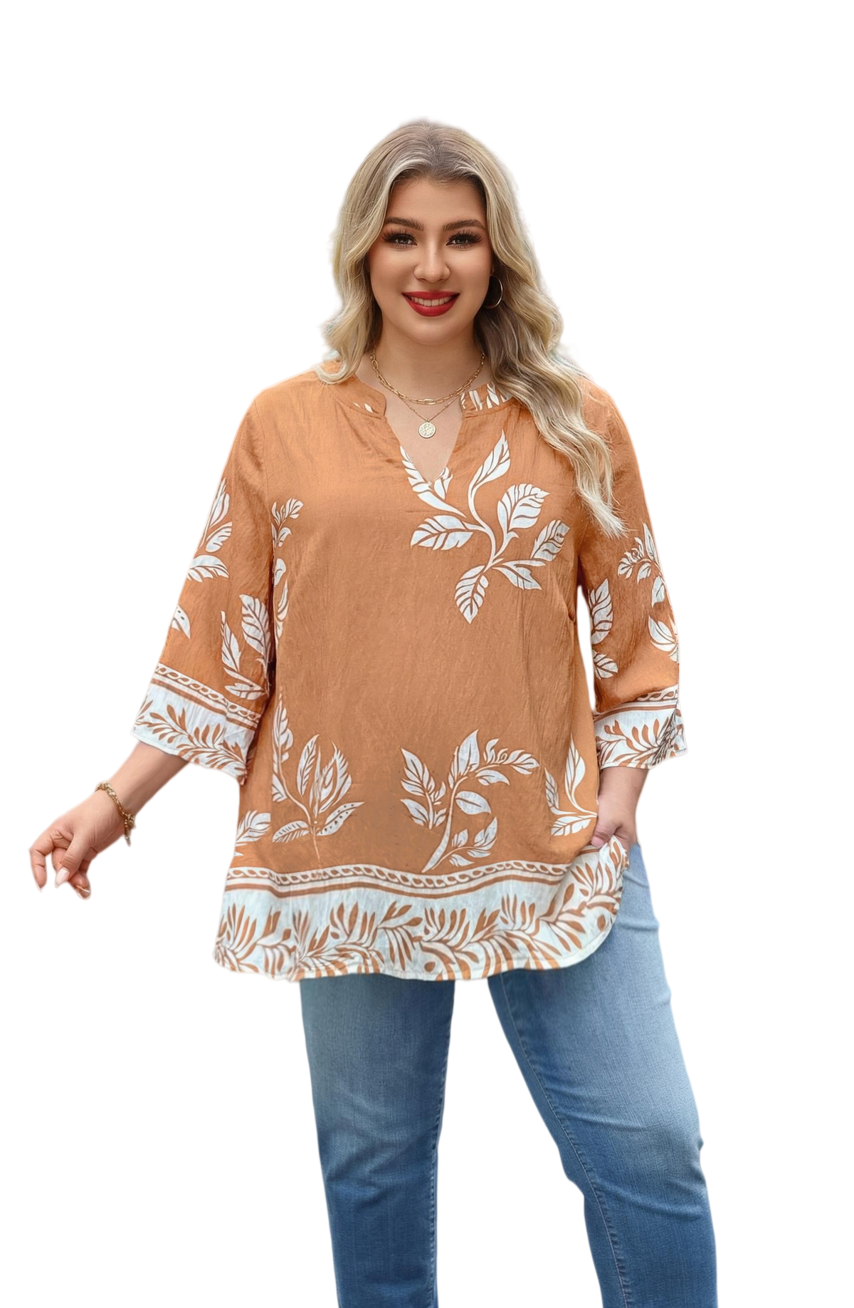 Plus Size Tops 3/4 Sleeve Boho Blouses Dressy Casual V Neck Tunic Loose Fit Floral Peasant Shirts