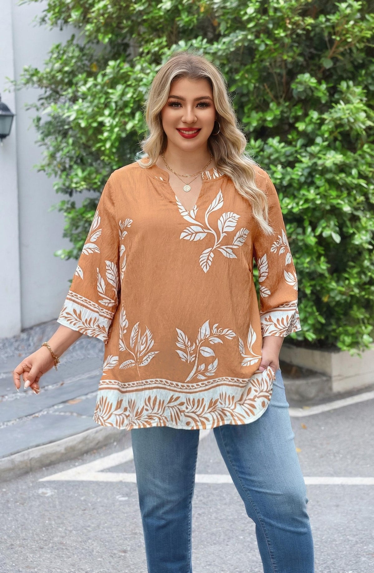 Plus Size Tops 3/4 Sleeve Boho Blouses Dressy Casual V Neck Tunic Loose Fit Floral Peasant Shirts