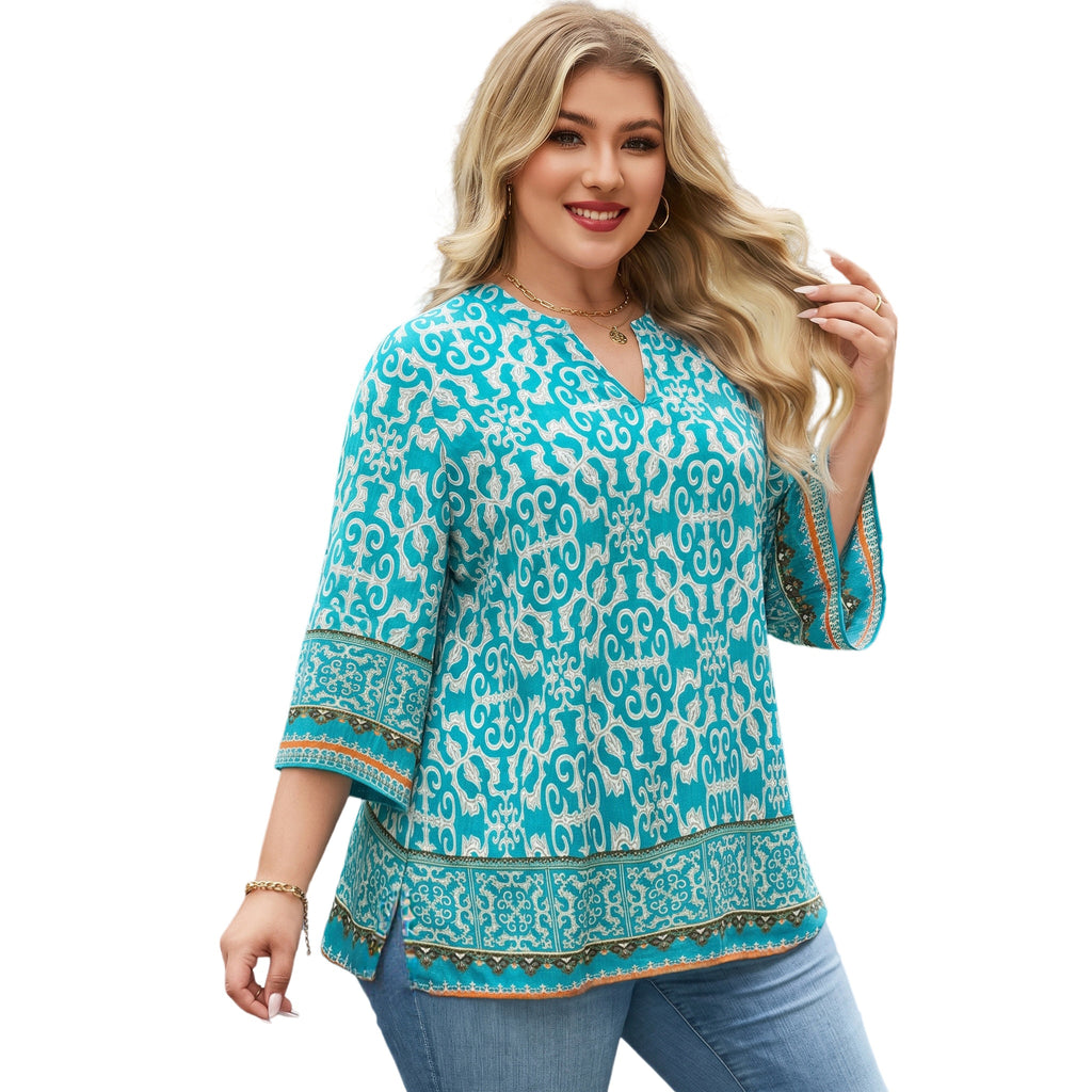 Plus Size Tops 3/4 Sleeve Boho Blouses Dressy Casual V Neck Tunic Loose Fit Floral Peasant Shirts