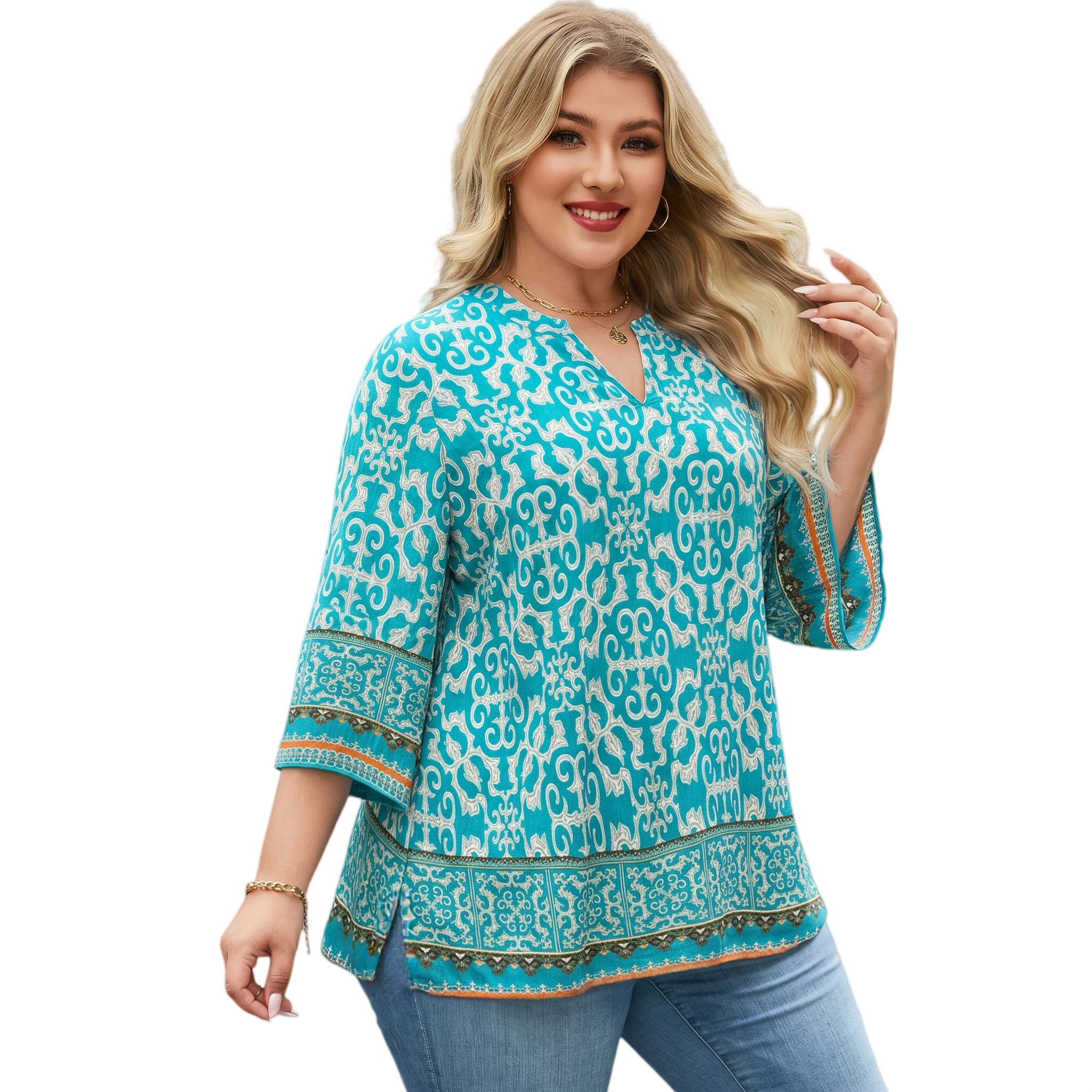 Plus Size Tops 3/4 Sleeve Boho Blouses Dressy Casual V Neck Tunic Loose Fit Floral Peasant Shirts