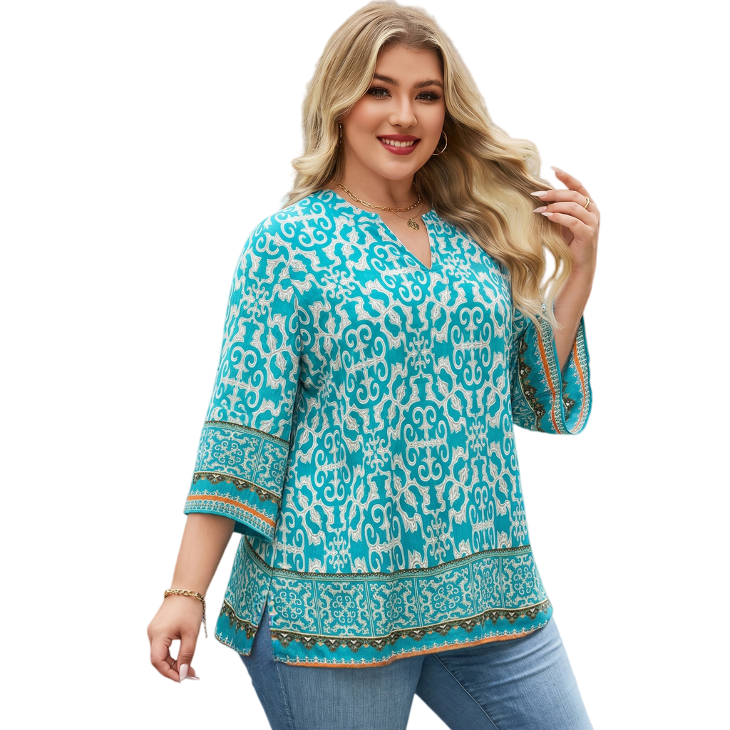 Plus Size Tops 3/4 Sleeve Boho Blouses Dressy Casual V Neck Tunic Loose Fit Floral Peasant Shirts