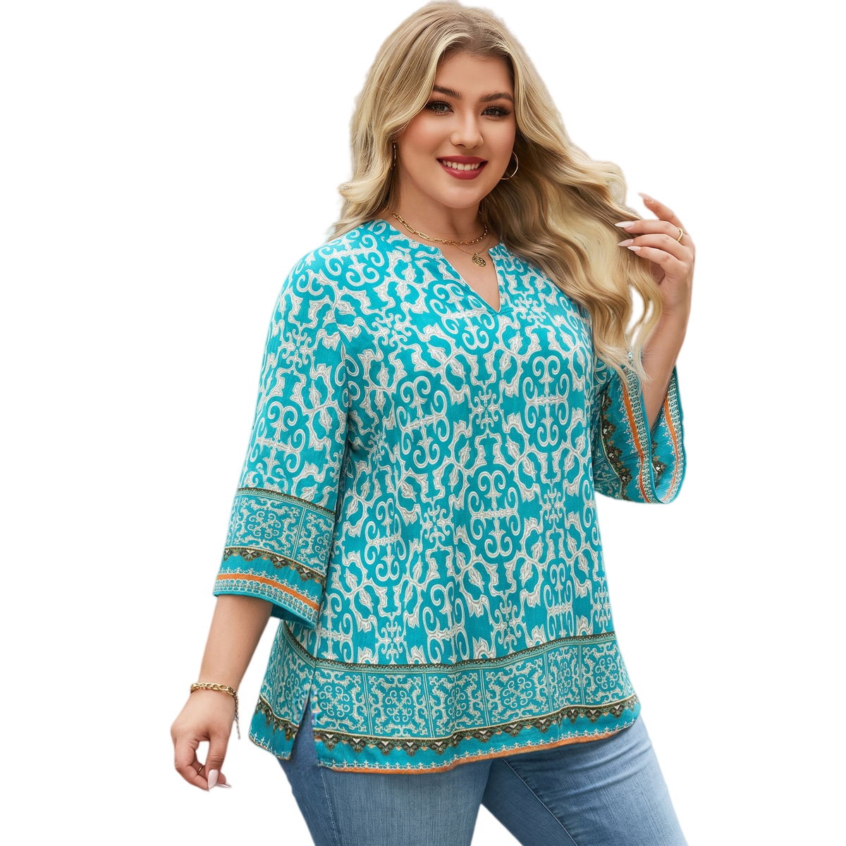 Plus Size Tops 3/4 Sleeve Boho Blouses Dressy Casual V Neck Tunic Loose Fit Floral Peasant Shirts