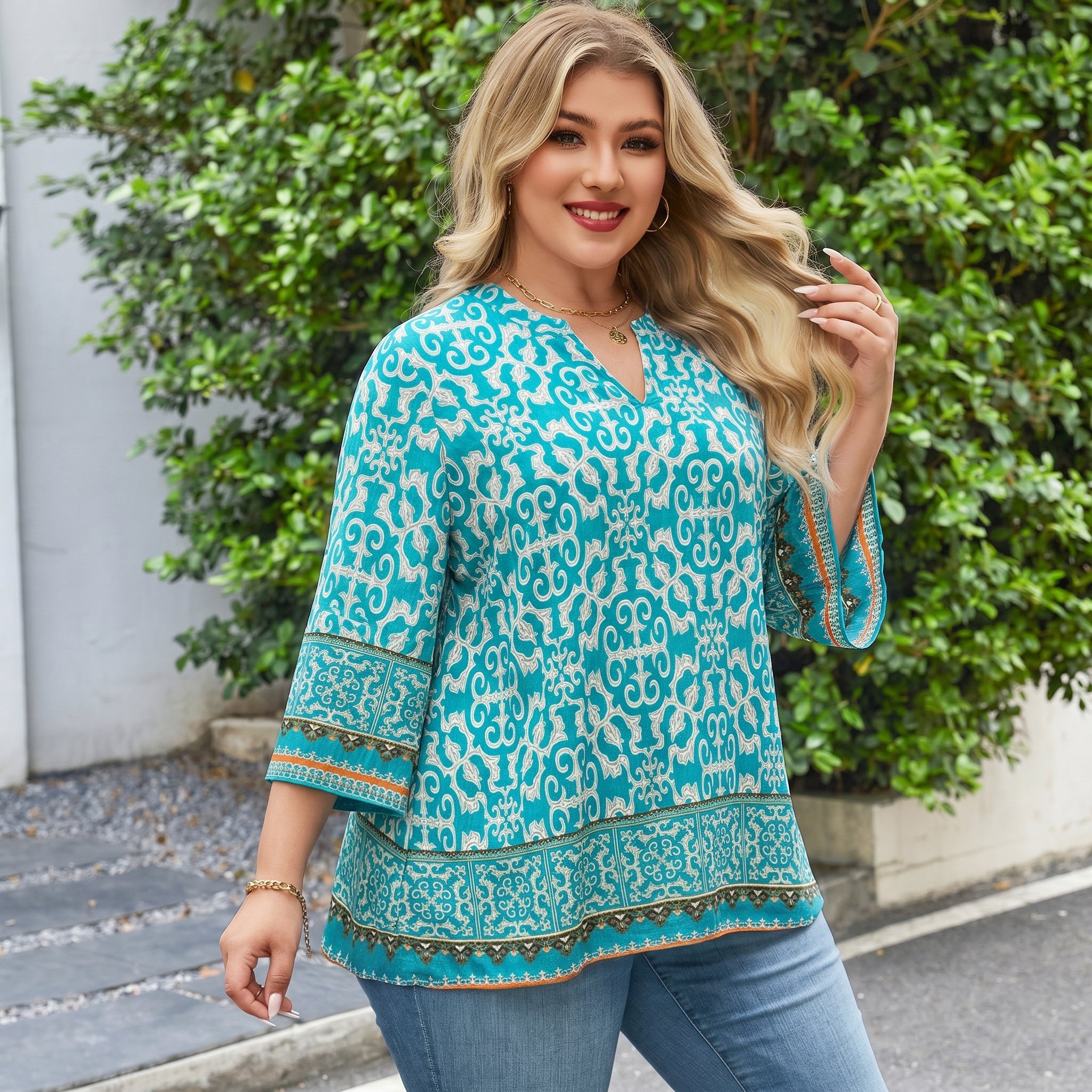 Plus Size Tops 3/4 Sleeve Boho Blouses Dressy Casual V Neck Tunic Loose Fit Floral Peasant Shirts