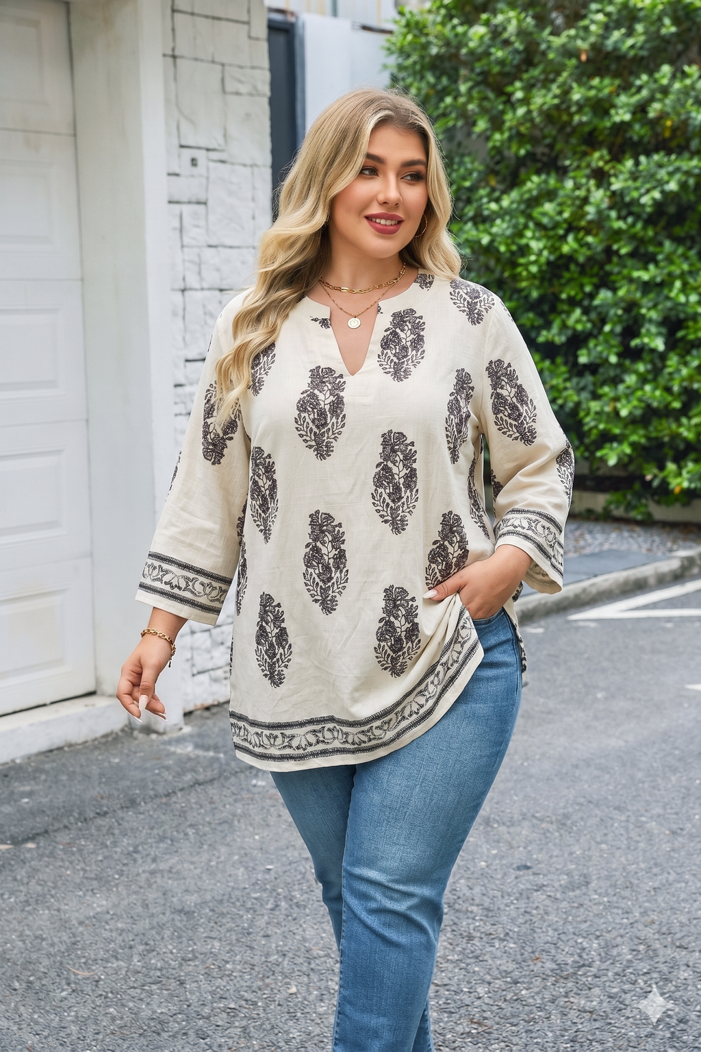 Plus Size Tops 3/4 Sleeve Boho Blouses Dressy Casual V Neck Tunic Loose Fit Floral Peasant Shirts