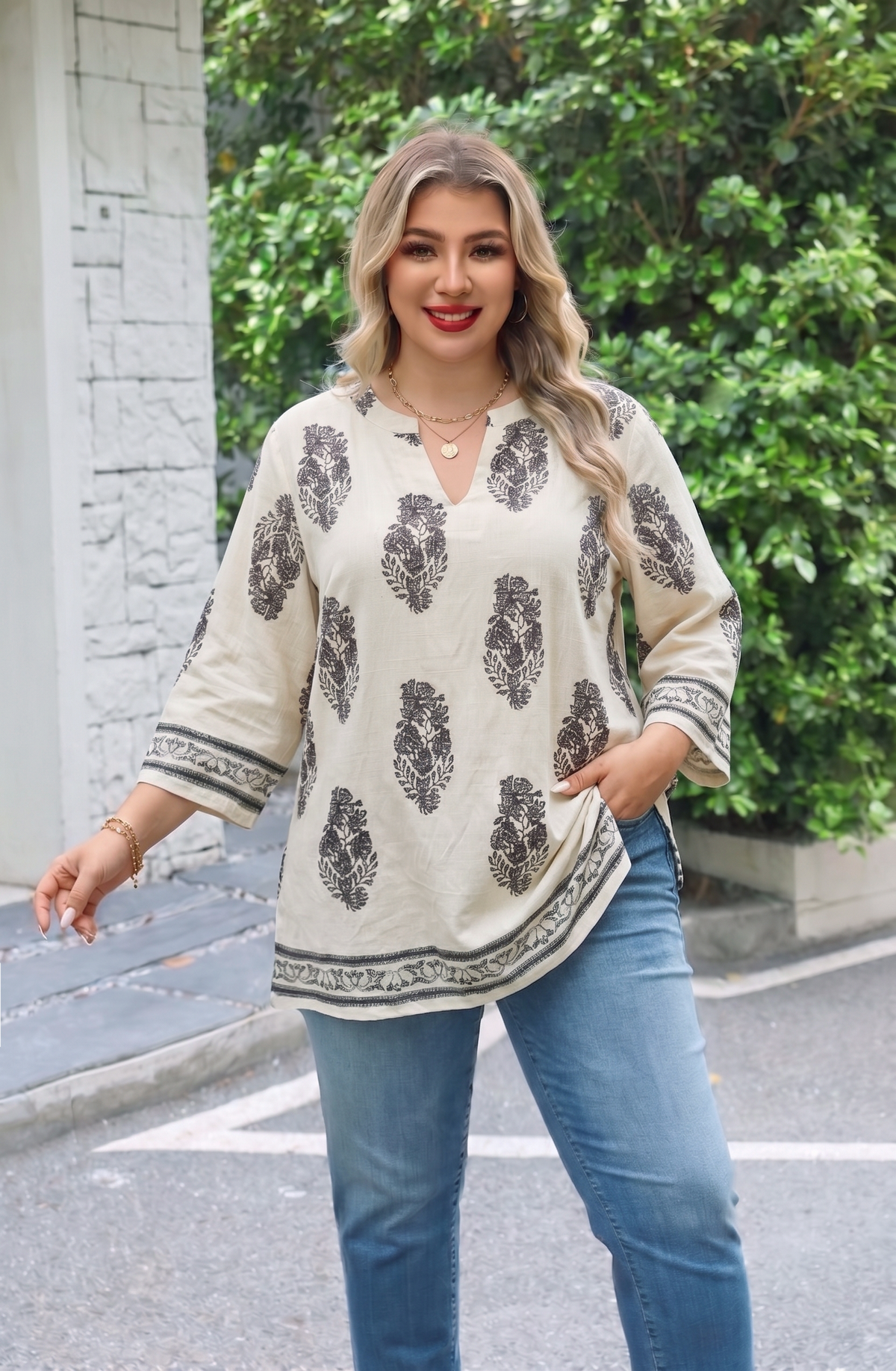 Plus Size Tops 3/4 Sleeve Boho Blouses Dressy Casual V Neck Tunic Loose Fit Floral Peasant Shirts