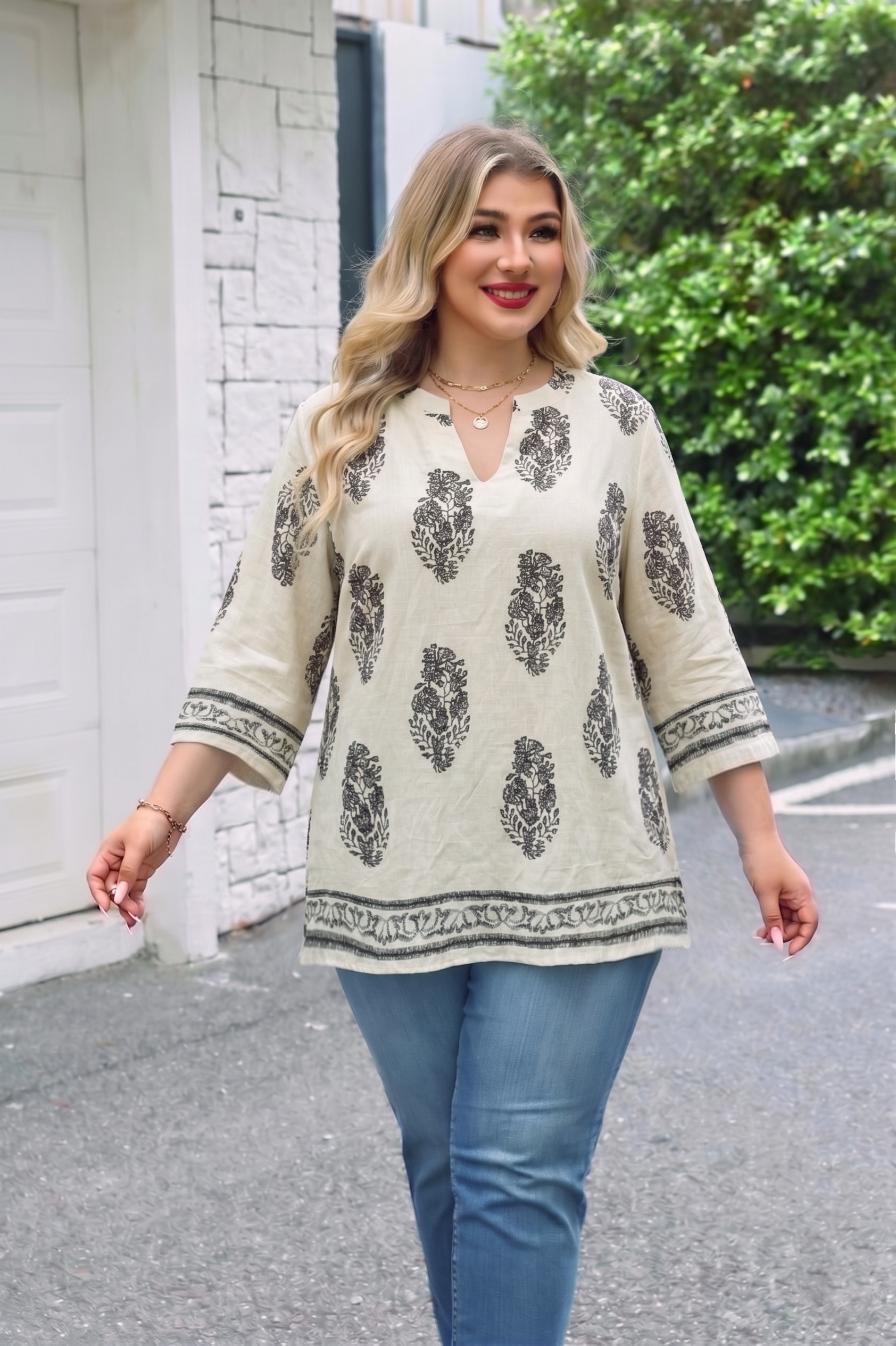 Plus Size Tops 3/4 Sleeve Boho Blouses Dressy Casual V Neck Tunic Loose Fit Floral Peasant Shirts