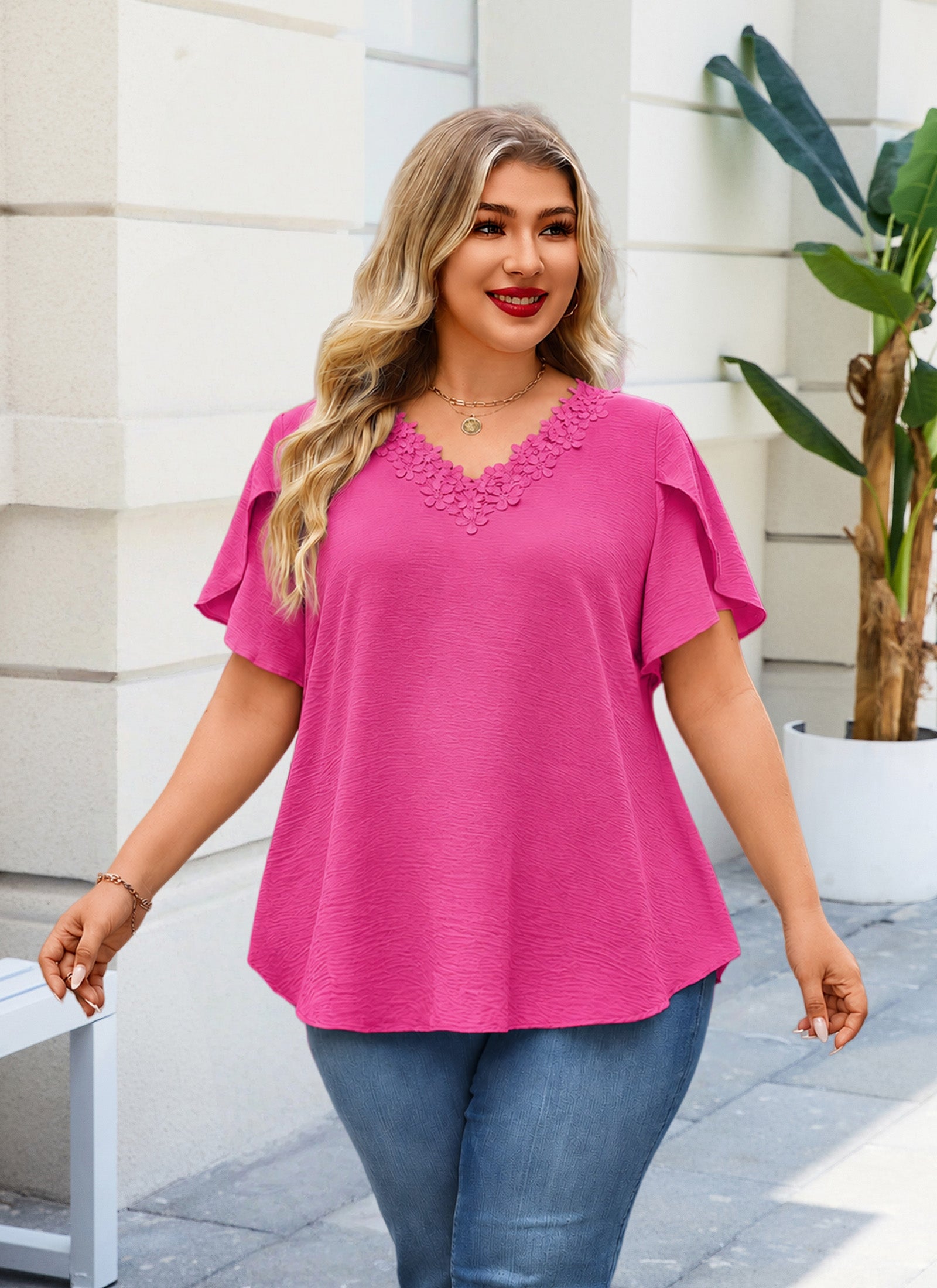 Plus Size Top V Neck Short Sleeve Blouses for Curvy Women Loose Fit Dressy Floral Trim Ladies Tunic