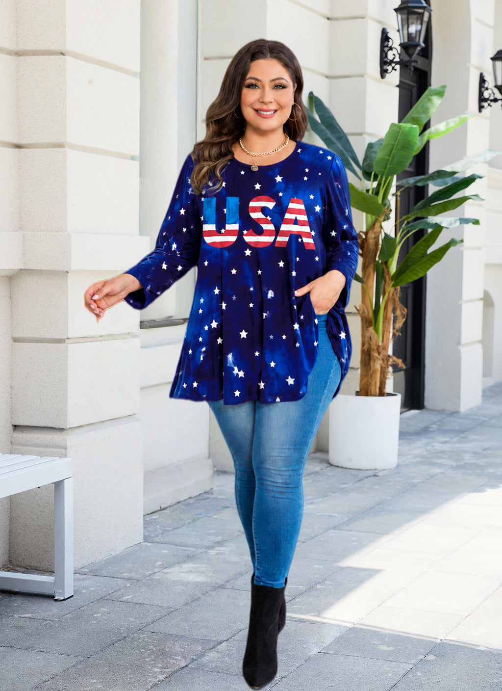 Womens Tunic Tops Plus Size 3/4 Sleeve Swing Flowy Blouses