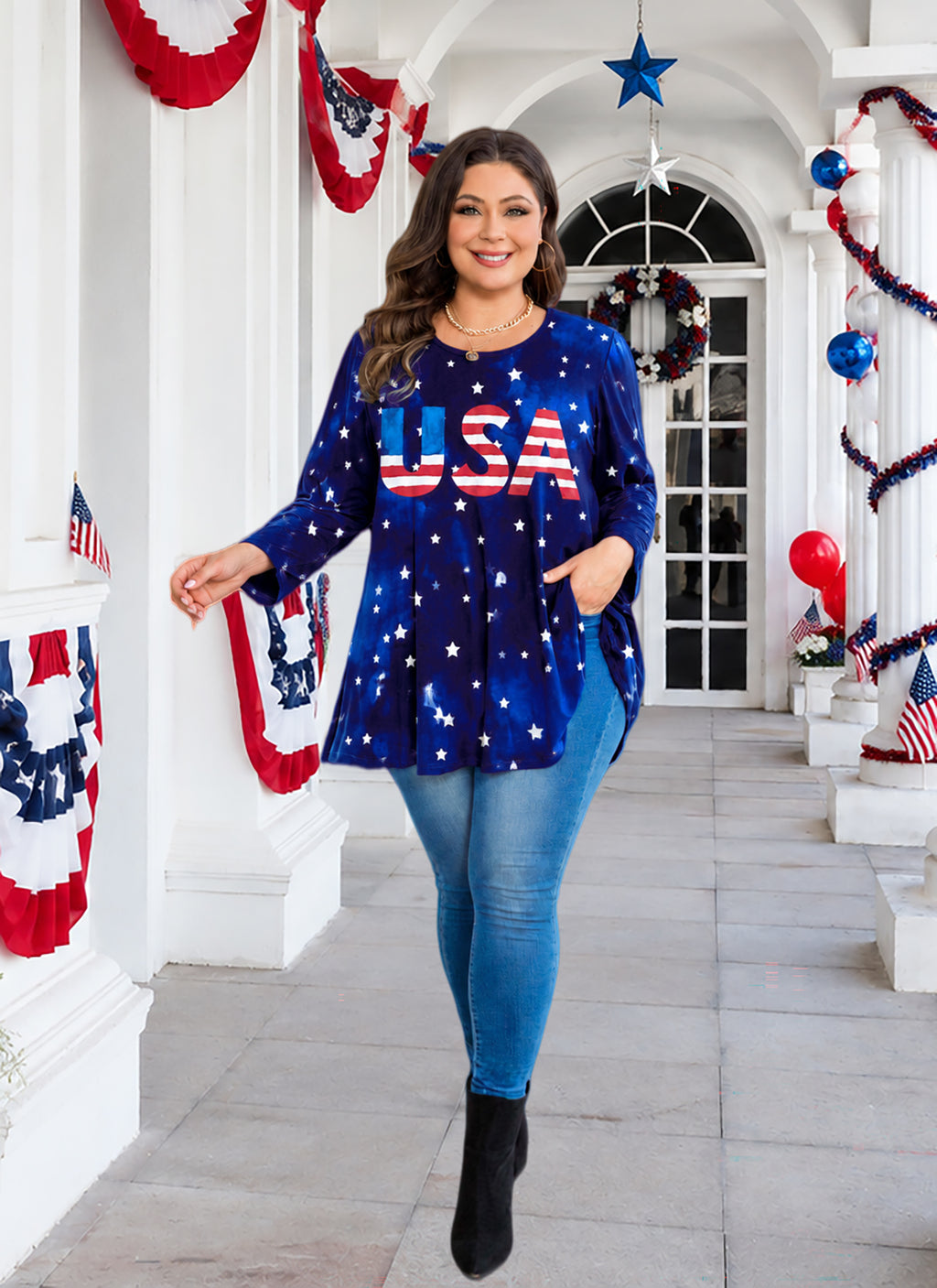 Womens Tunic Tops Plus Size 3/4 Sleeve Swing Flowy Blouses
