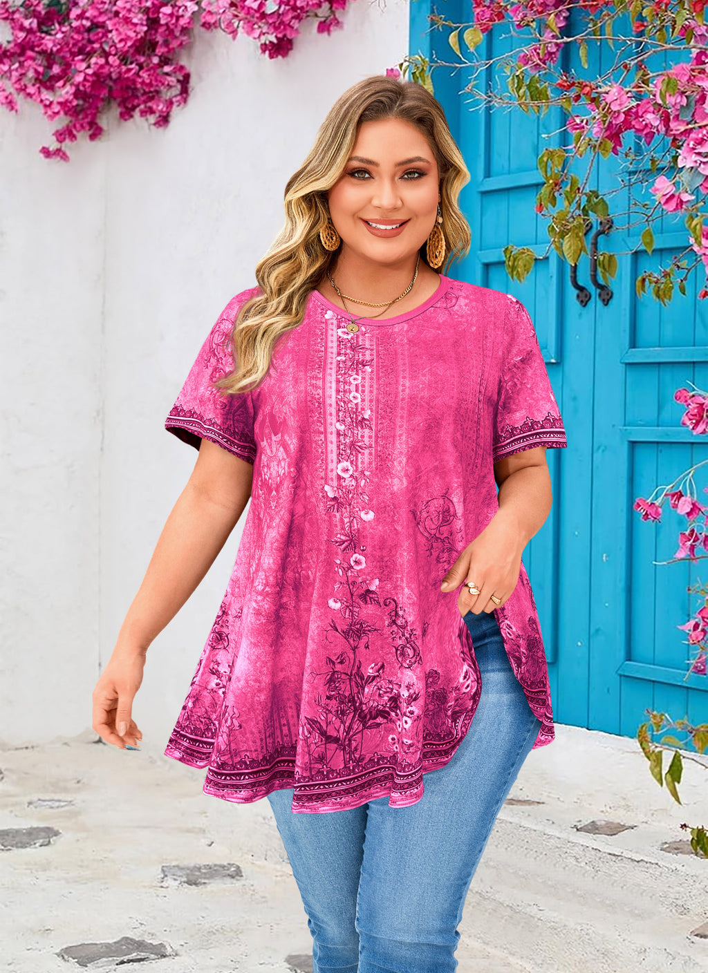 Hot Pink Floral Tunic Top for Women – Flowy Swing Blouse, Plus Size