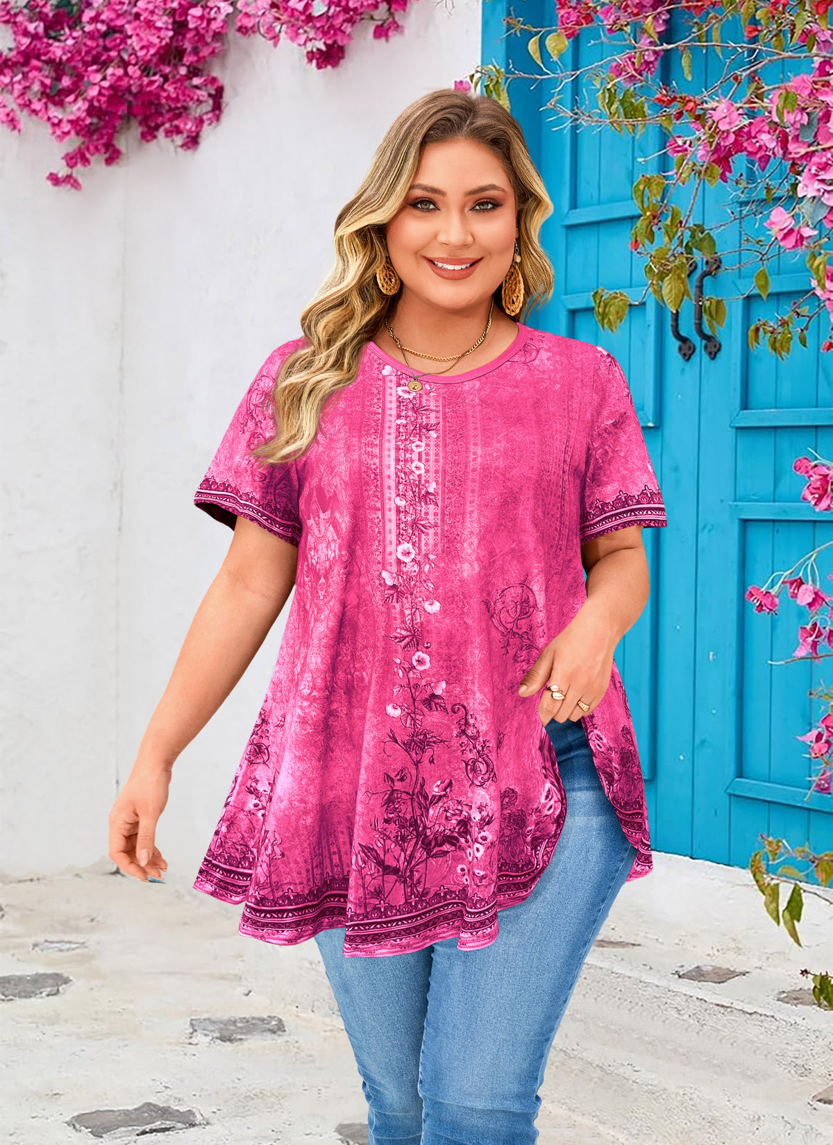 Hot Pink Floral Tunic Top for Women – Flowy Swing Blouse, Plus Size