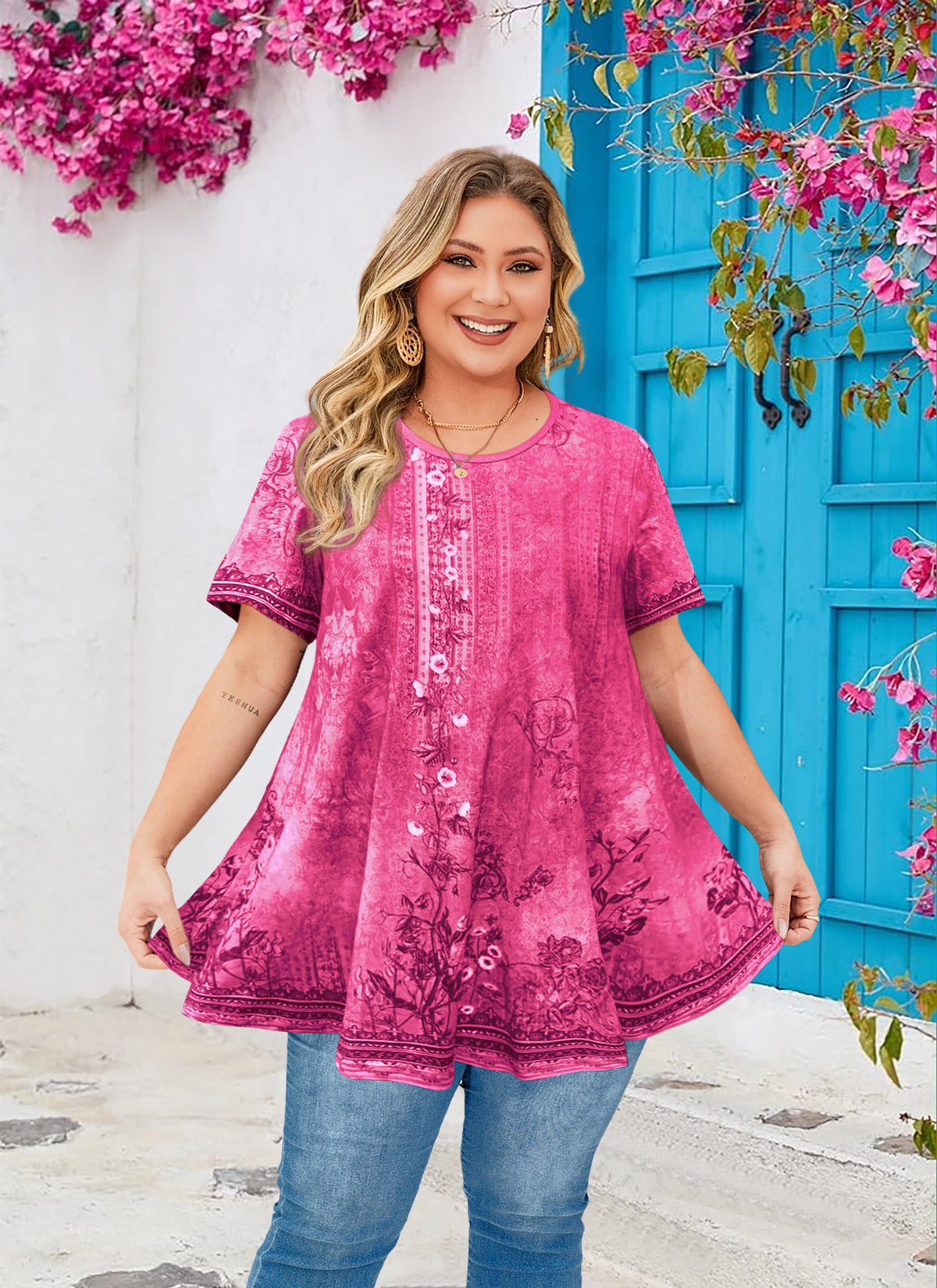 Hot Pink Floral Tunic Top for Women – Flowy Swing Blouse, Plus Size