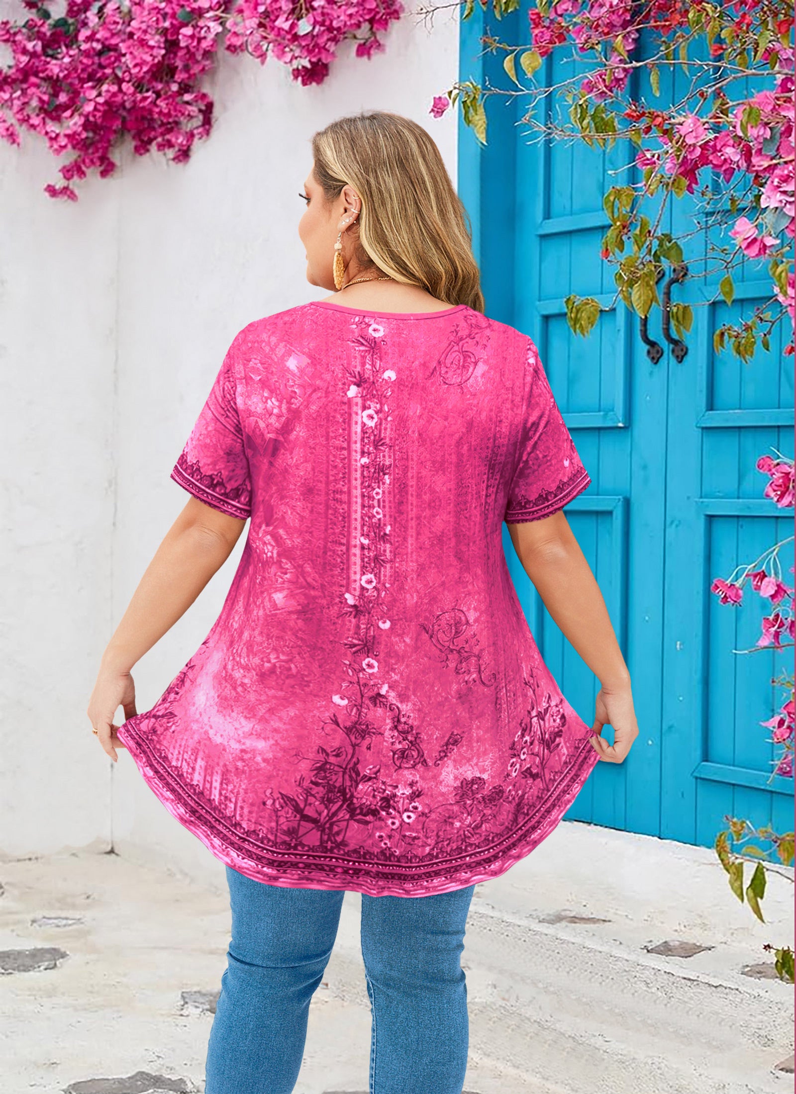 Hot Pink Floral Tunic Top for Women – Flowy Swing Blouse, Plus Size