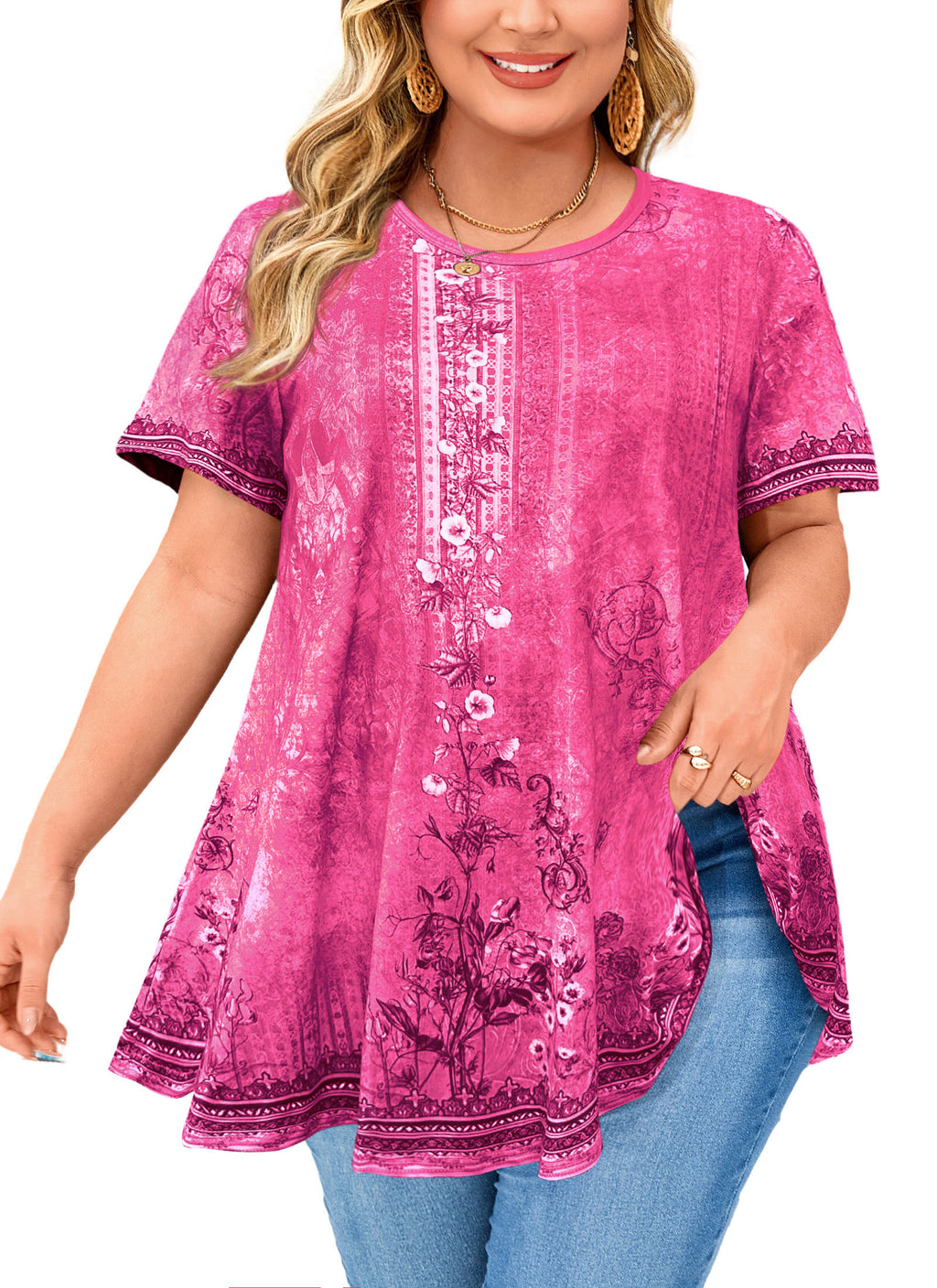 Hot Pink Floral Tunic Top for Women – Flowy Swing Blouse, Plus Size