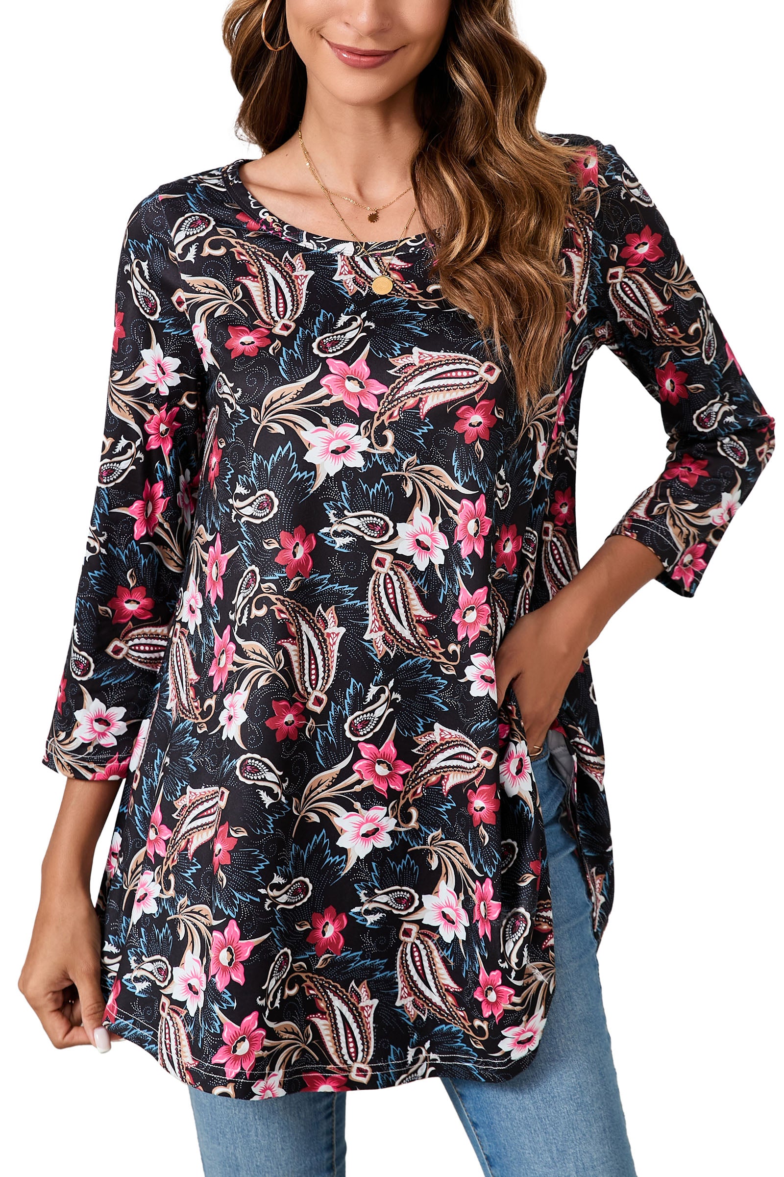 Tunic Tops for Women Plus Size 3/4 Sleeve Crew Neck Swing Flare Loose T-Shirt Blouses to Wear with Leggings