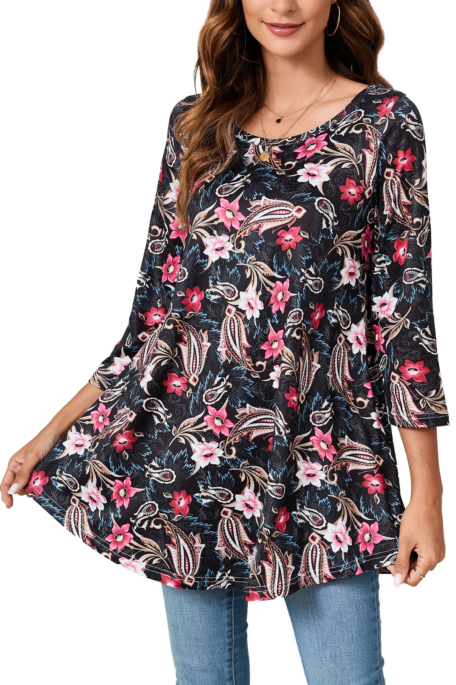 Tunic Tops for Women Plus Size 3/4 Sleeve Crew Neck Swing Flare Loose T-Shirt Blouses to Wear with Leggings