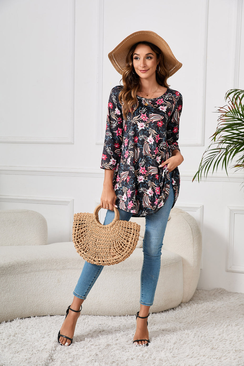Tunic Tops for Women Plus Size 3/4 Sleeve Crew Neck Swing Flare Loose T-Shirt Blouses to Wear with Leggings