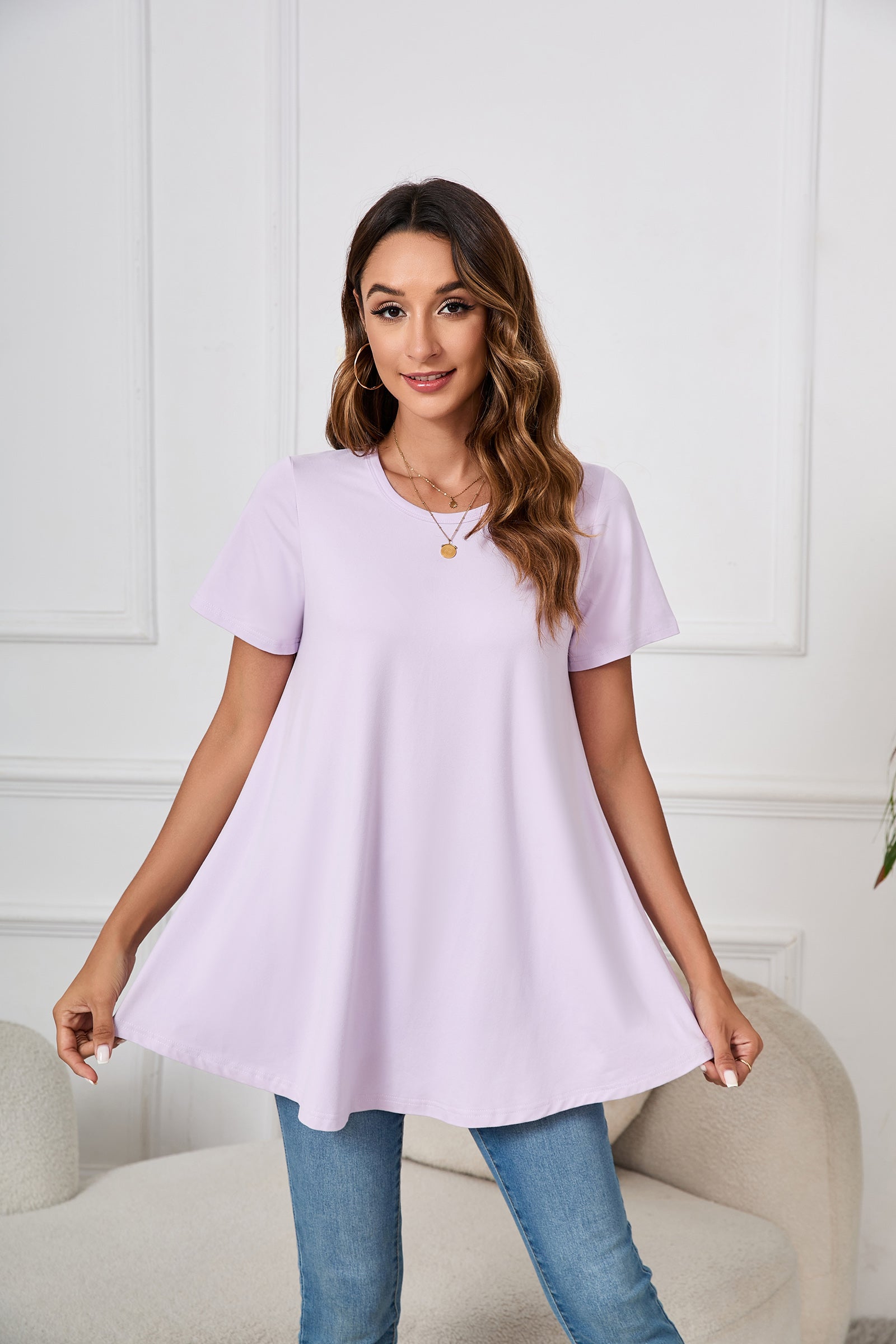 Tunic Tops for Women Plus Size Short Sleeve Crew Neck Swing Flare Loose T-Shirt Blouses to Wear with Leggings