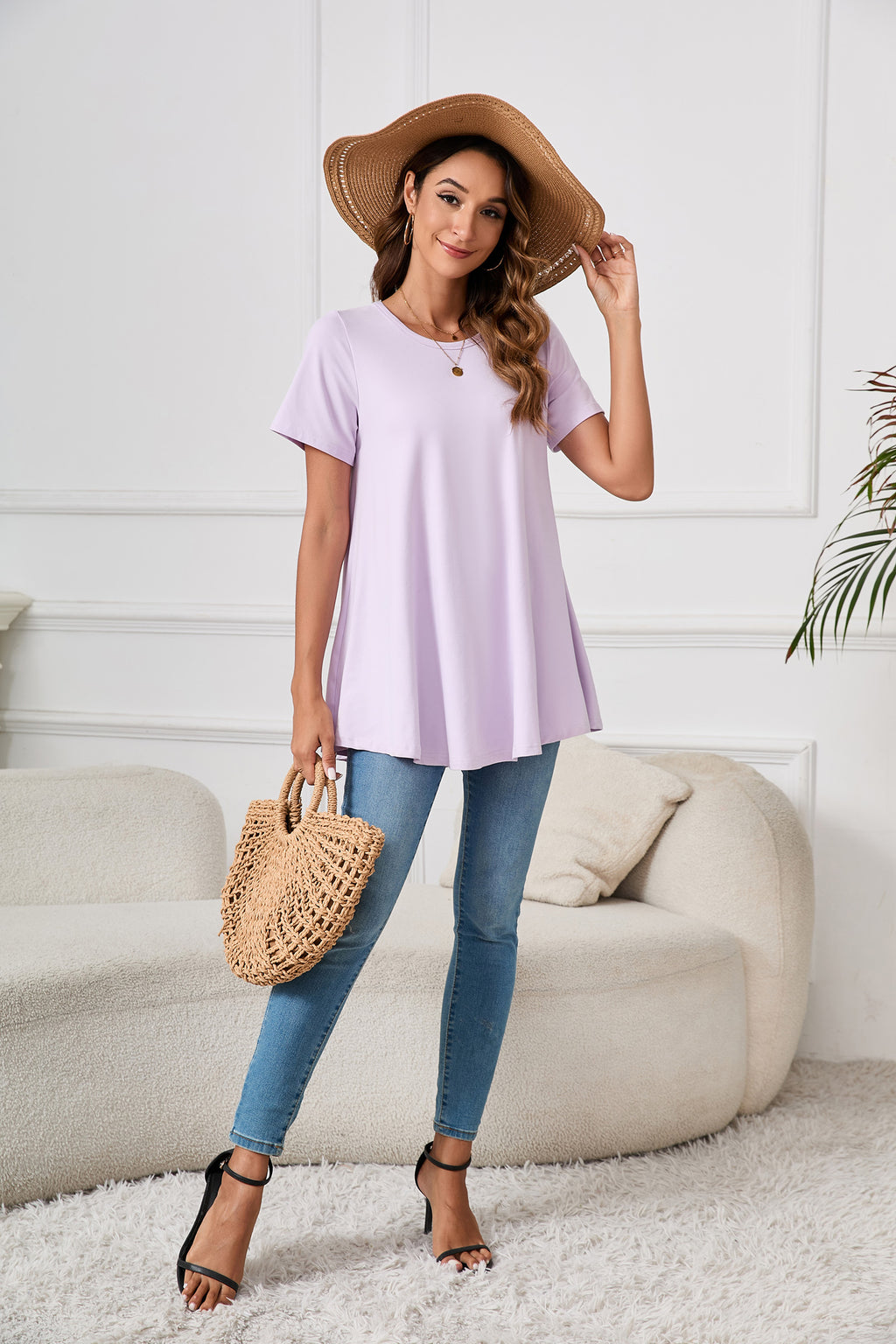Tunic Tops for Women Plus Size Short Sleeve Crew Neck Swing Flare Loose T-Shirt Blouses to Wear with Leggings
