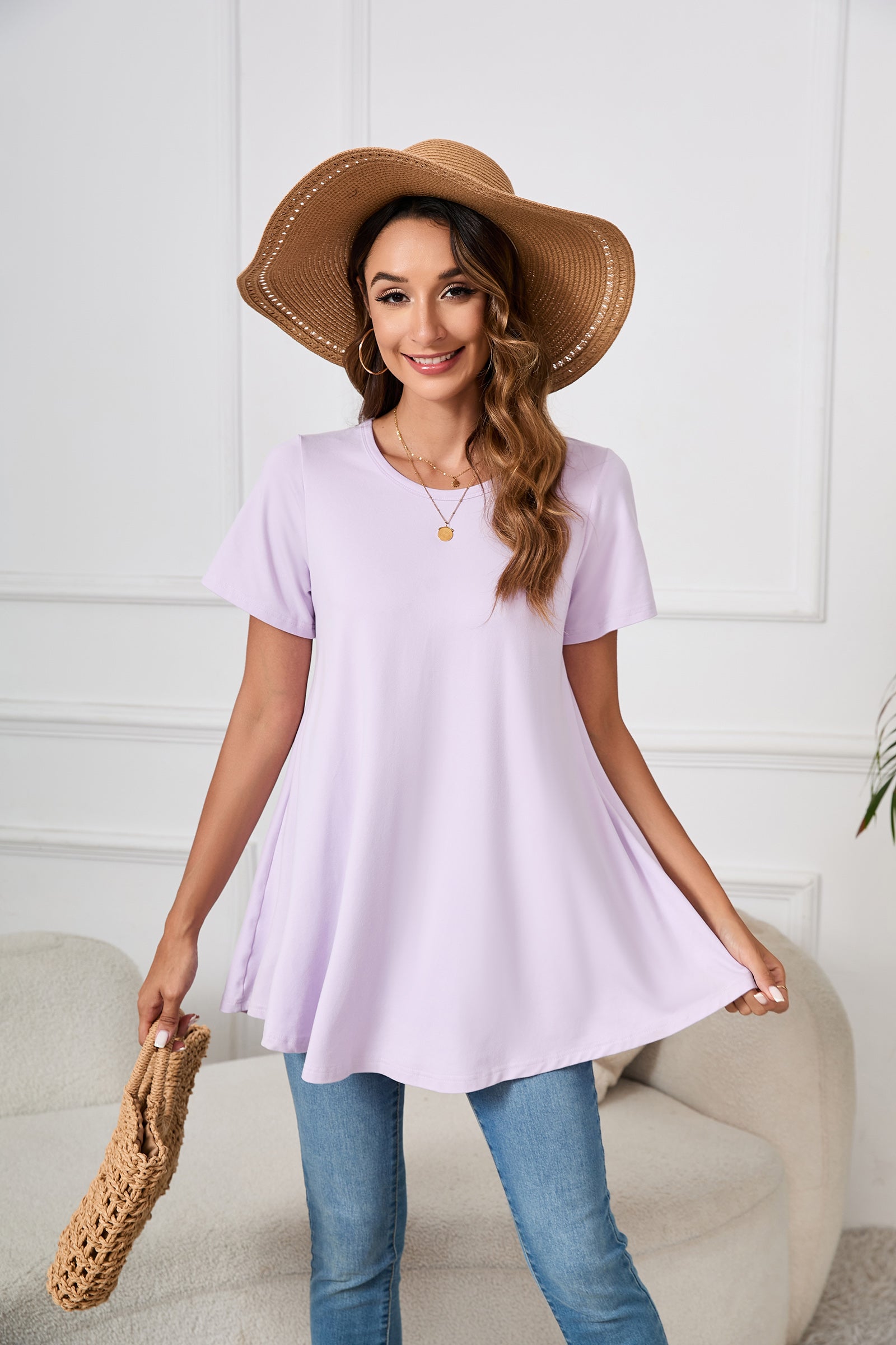 Tunic Tops for Women Plus Size Short Sleeve Crew Neck Swing Flare Loose T-Shirt Blouses to Wear with Leggings