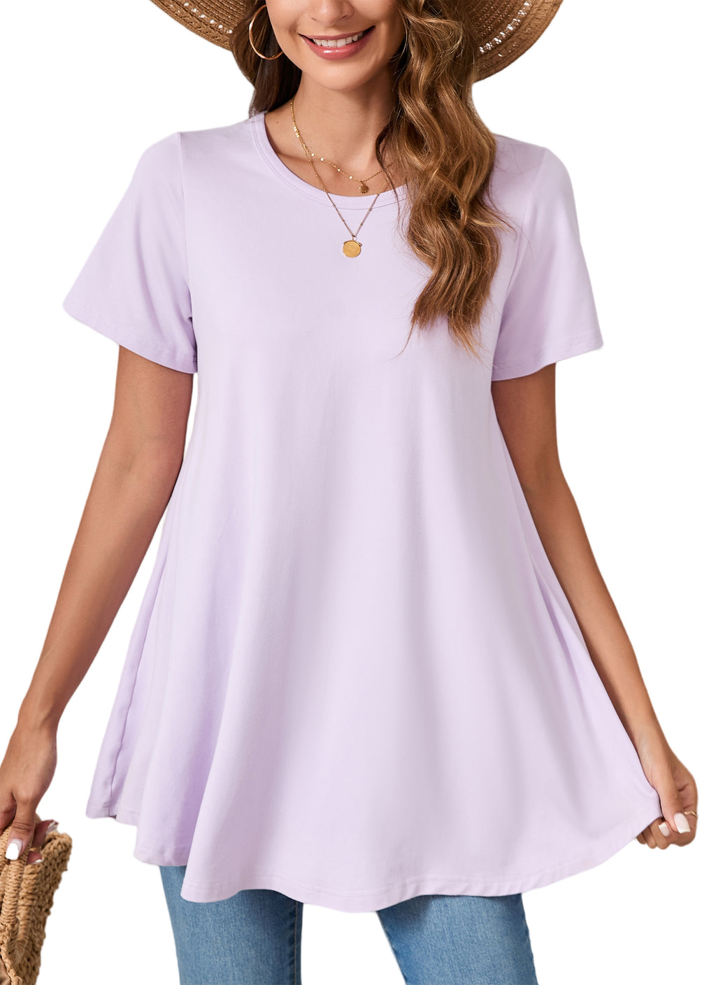 Tunic Tops for Women Plus Size Short Sleeve Crew Neck Swing Flare Loose T-Shirt Blouses to Wear with Leggings