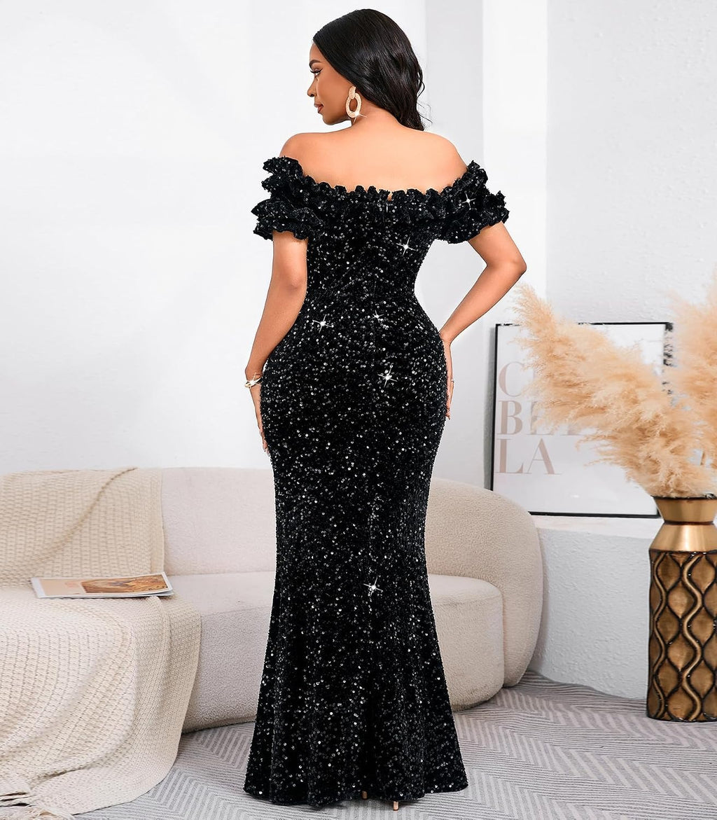 Women's Sequin Off Shoulder Mermaid Maxi Dress