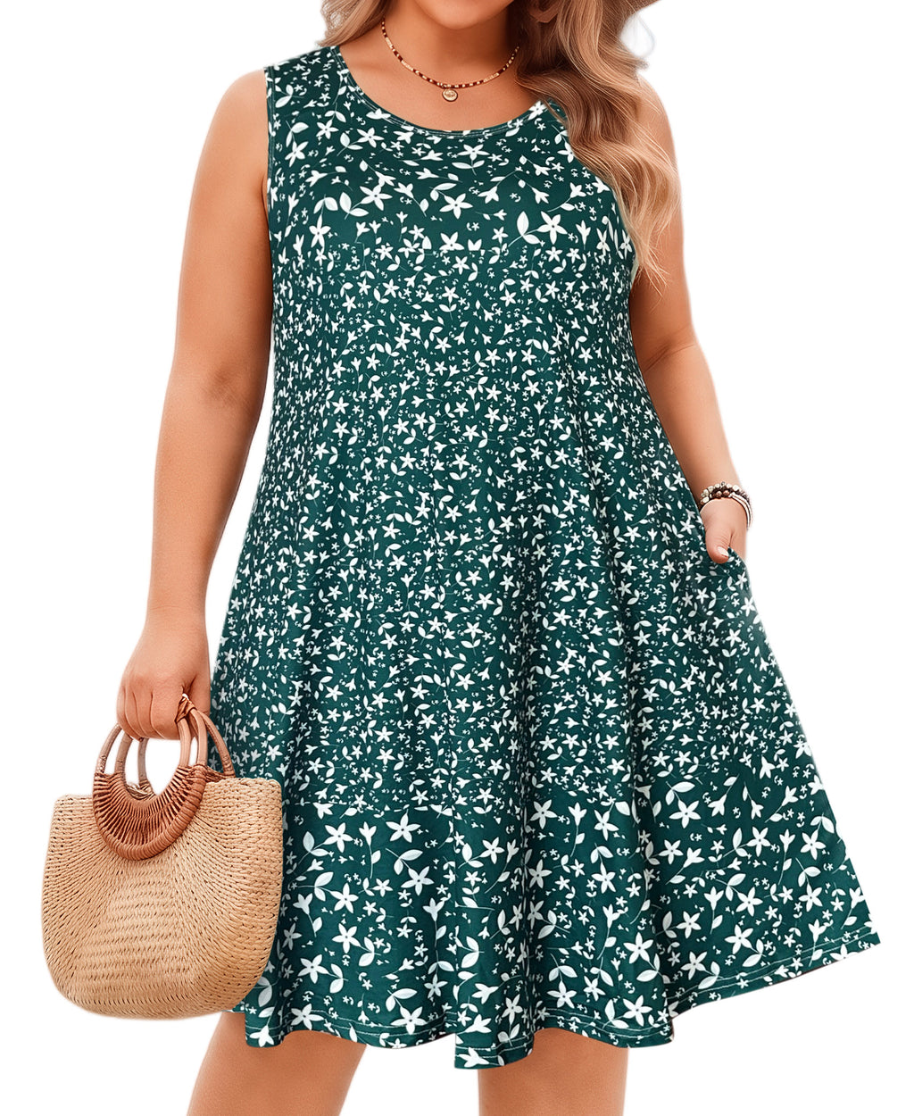 Women's Ditsy Floral Sleeveless Tank Dress with Pockets – Casual Loose Fit, Plus Size, Green