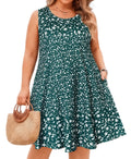 Women's Ditsy Floral Sleeveless Tank Dress with Pockets – Casual Loose Fit, Plus Size, Green