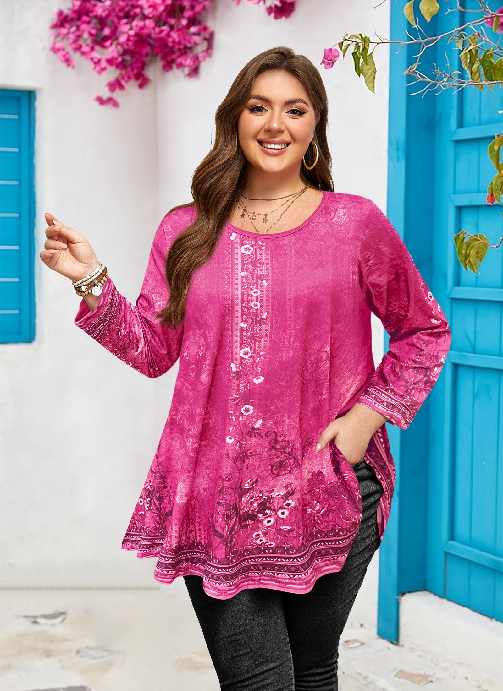 Womens Tunic 3/4 Sleeve Plus Size Tops Crew Neck Swing Flowy Loose Fit T-Shirt Blouses to Wear with Leggings