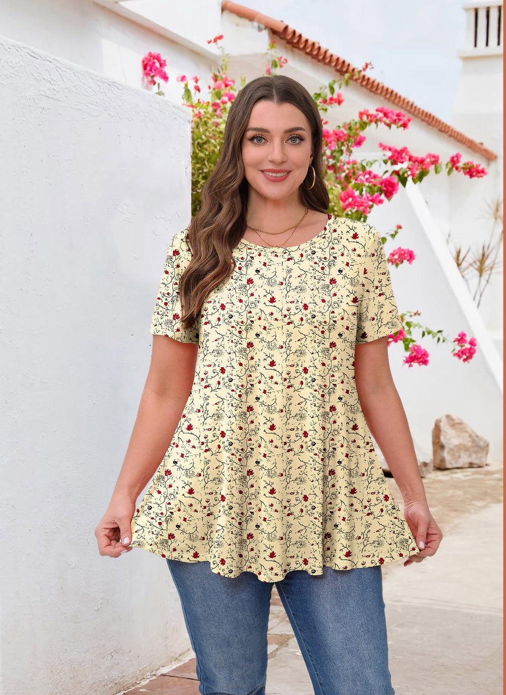 Tunic Tops for Women Plus Size Short Sleeve Crew Neck Swing Flare Loose T-Shirt Blouses to Wear with Leggings
