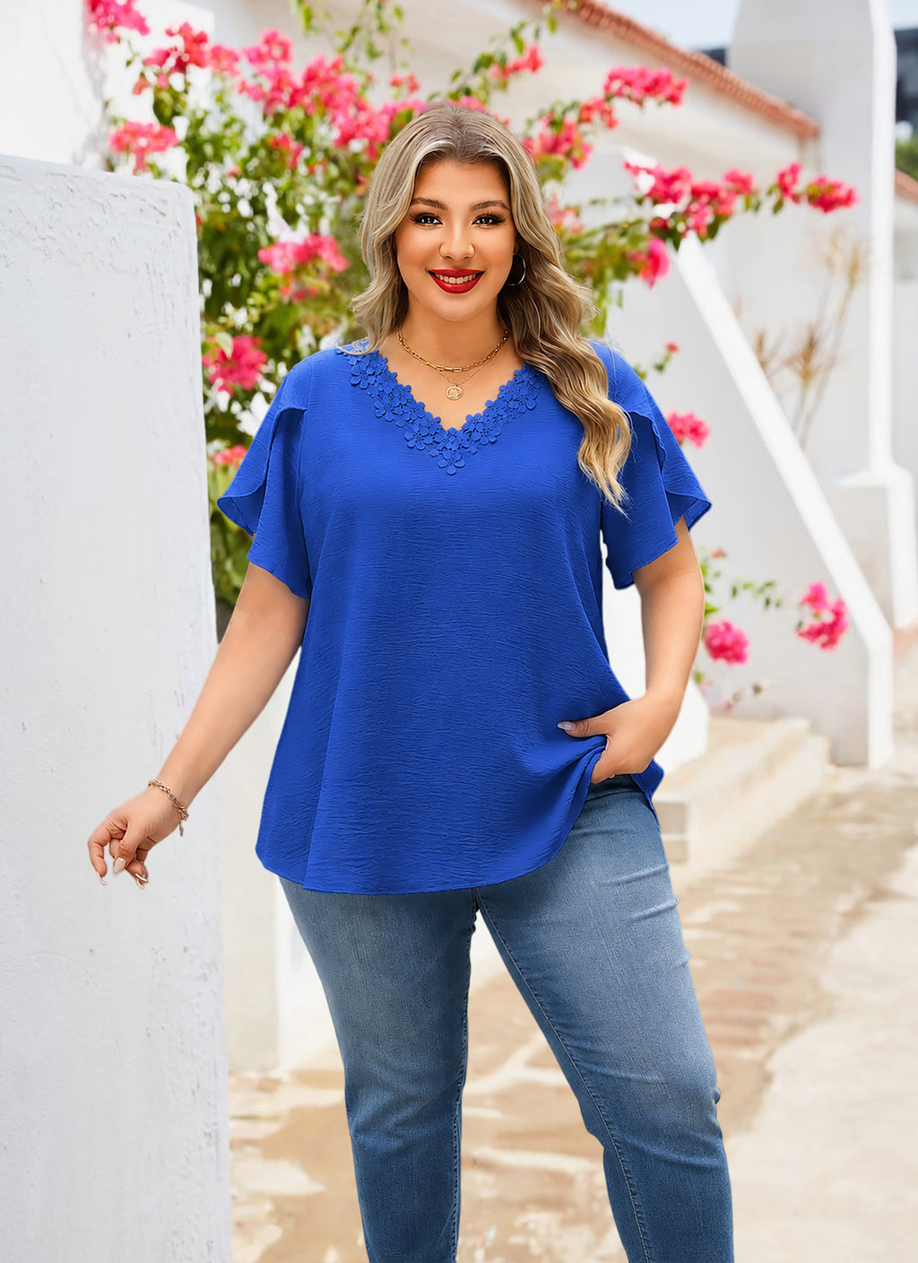 Plus Size Top V Neck Short Sleeve Blouses for Curvy Women Loose Fit Dressy Floral Trim Ladies Tunic