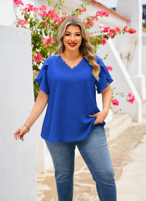 Plus Size Top V Neck Short Sleeve Blouses for Curvy Women Loose Fit Dressy Floral Trim Ladies Tunic