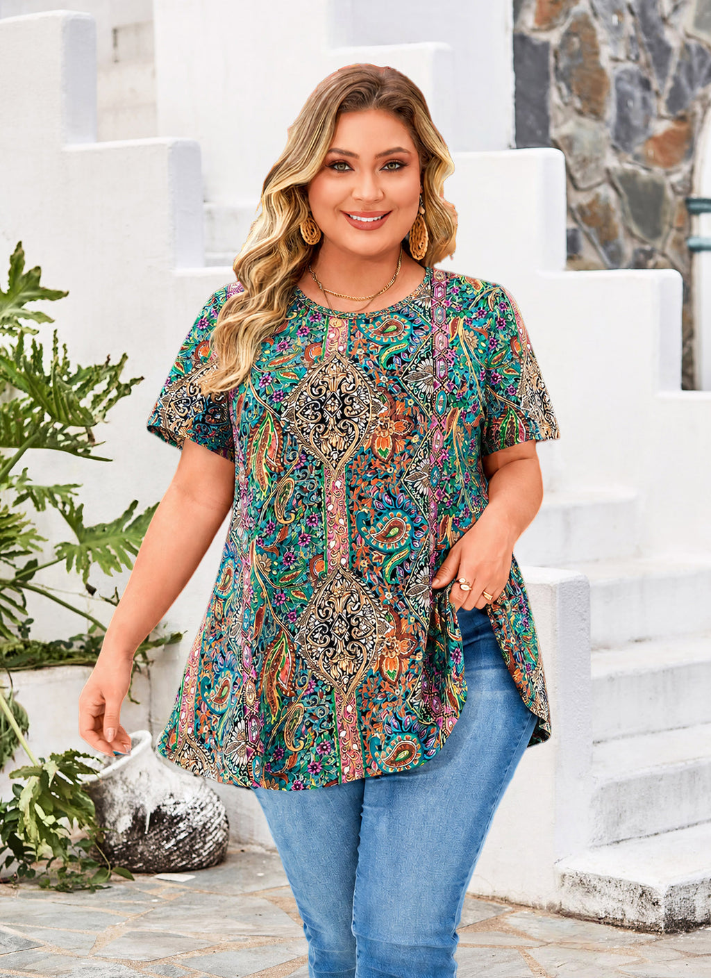Womens Plus Size Tops Short Sleeve Swing Flare Flowy Tunic Loose Fit Summer Casual Blouses to Wear with Leggings