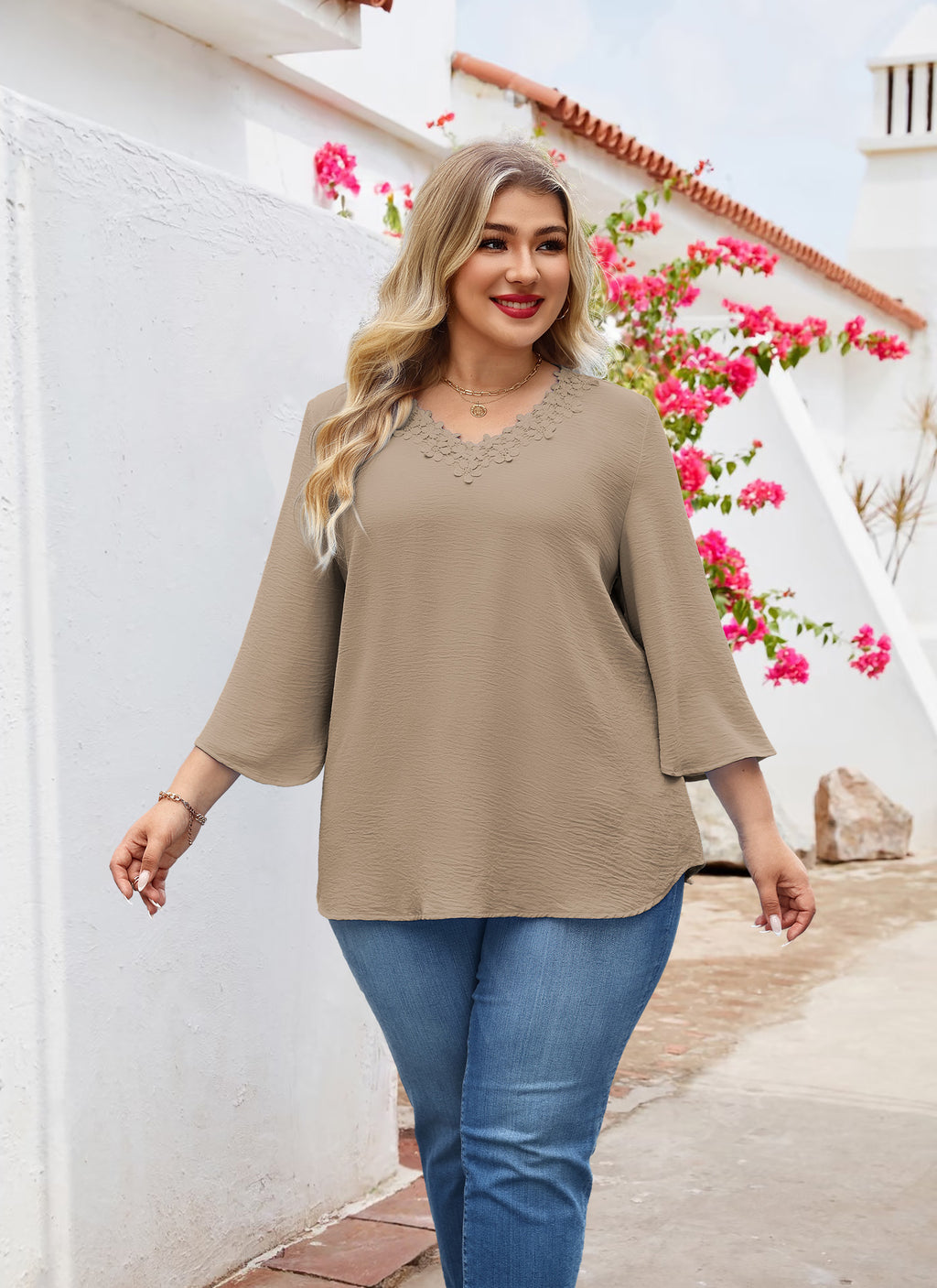 Womens Plus Size Blouses Dressy Casual 3/4 Sleeve Elegant V Neck Floral Trim Ladies Tunics Tops