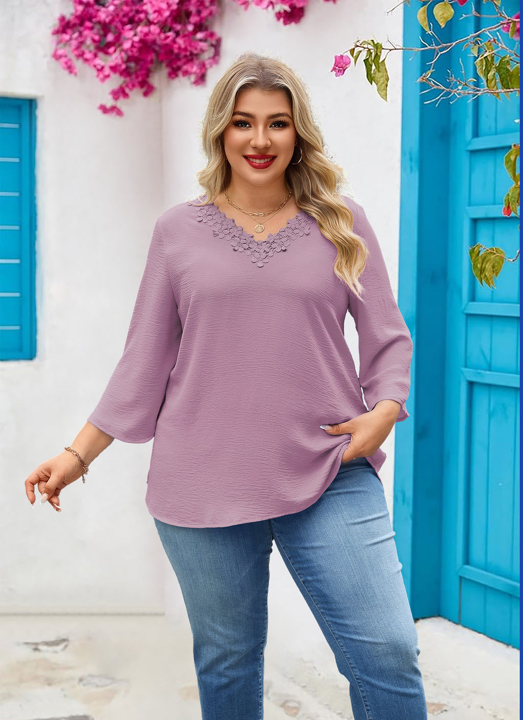 Womens Plus Size Blouses Dressy Casual 3/4 Sleeve Elegant V Neck Floral Trim Ladies Tunics Tops