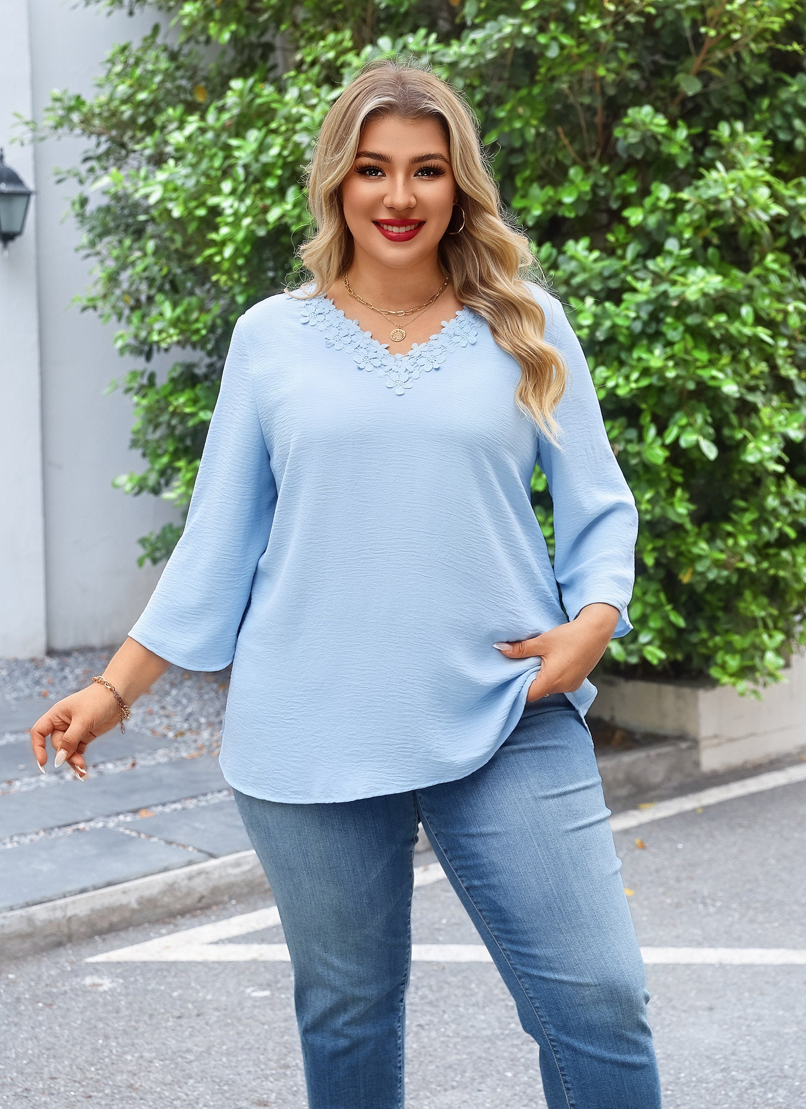 Womens Plus Size Blouses Dressy Casual 3/4 Sleeve Elegant V Neck Floral Trim Ladies Tunics Tops
