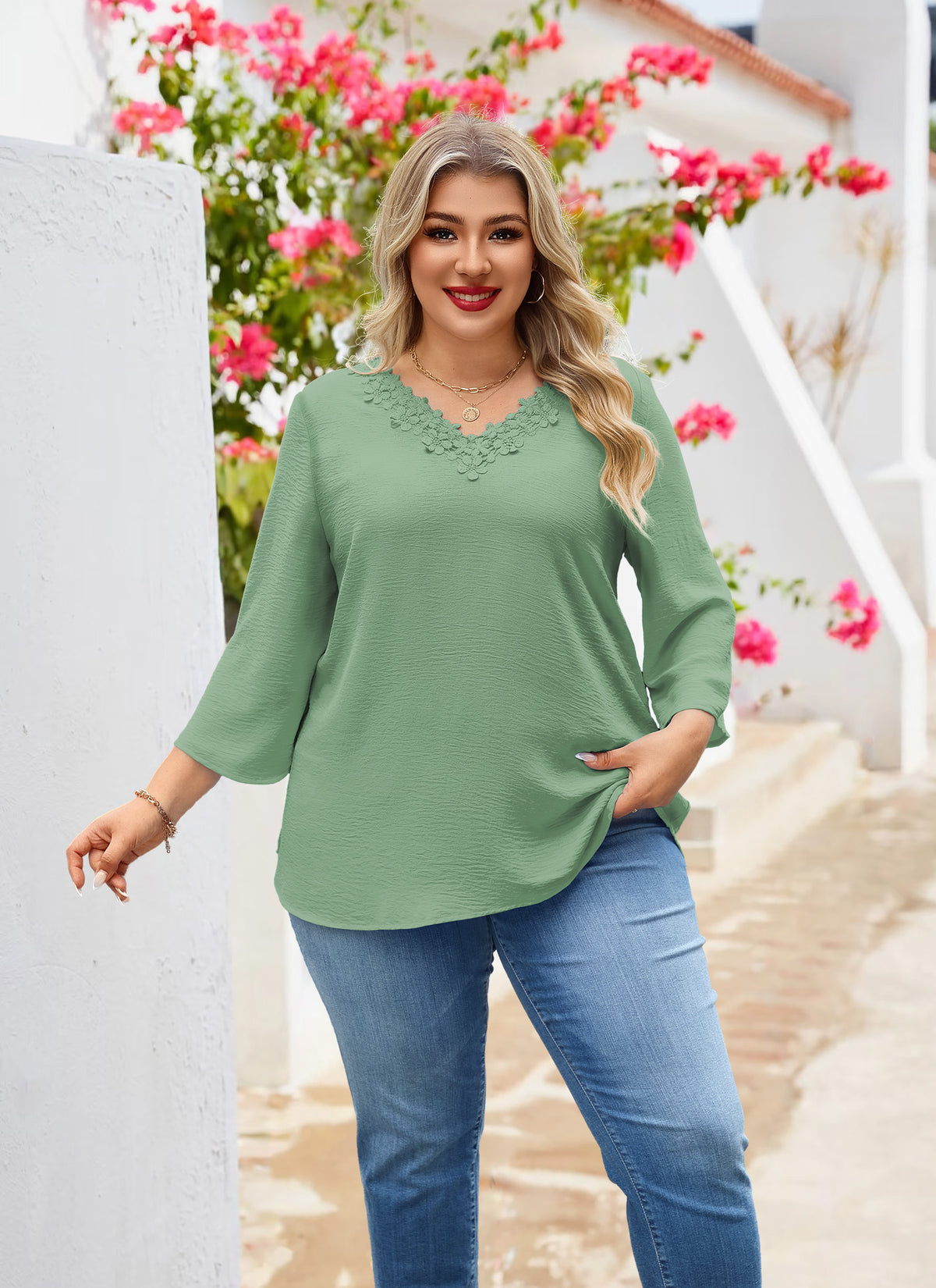 Womens Plus Size Blouses Dressy Casual 3/4 Sleeve Elegant V Neck Floral Trim Ladies Tunics Tops