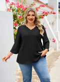 Womens Plus Size Blouses Dressy Casual 3/4 Sleeve Elegant V Neck Floral Trim Ladies Tunics Tops
