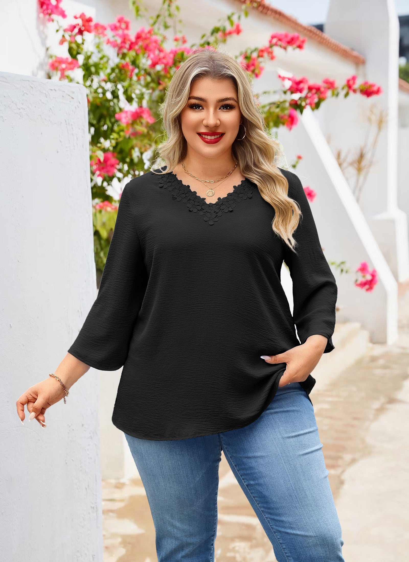 Womens Plus Size Blouses Dressy Casual 3/4 Sleeve Elegant V Neck Floral Trim Ladies Tunics Tops