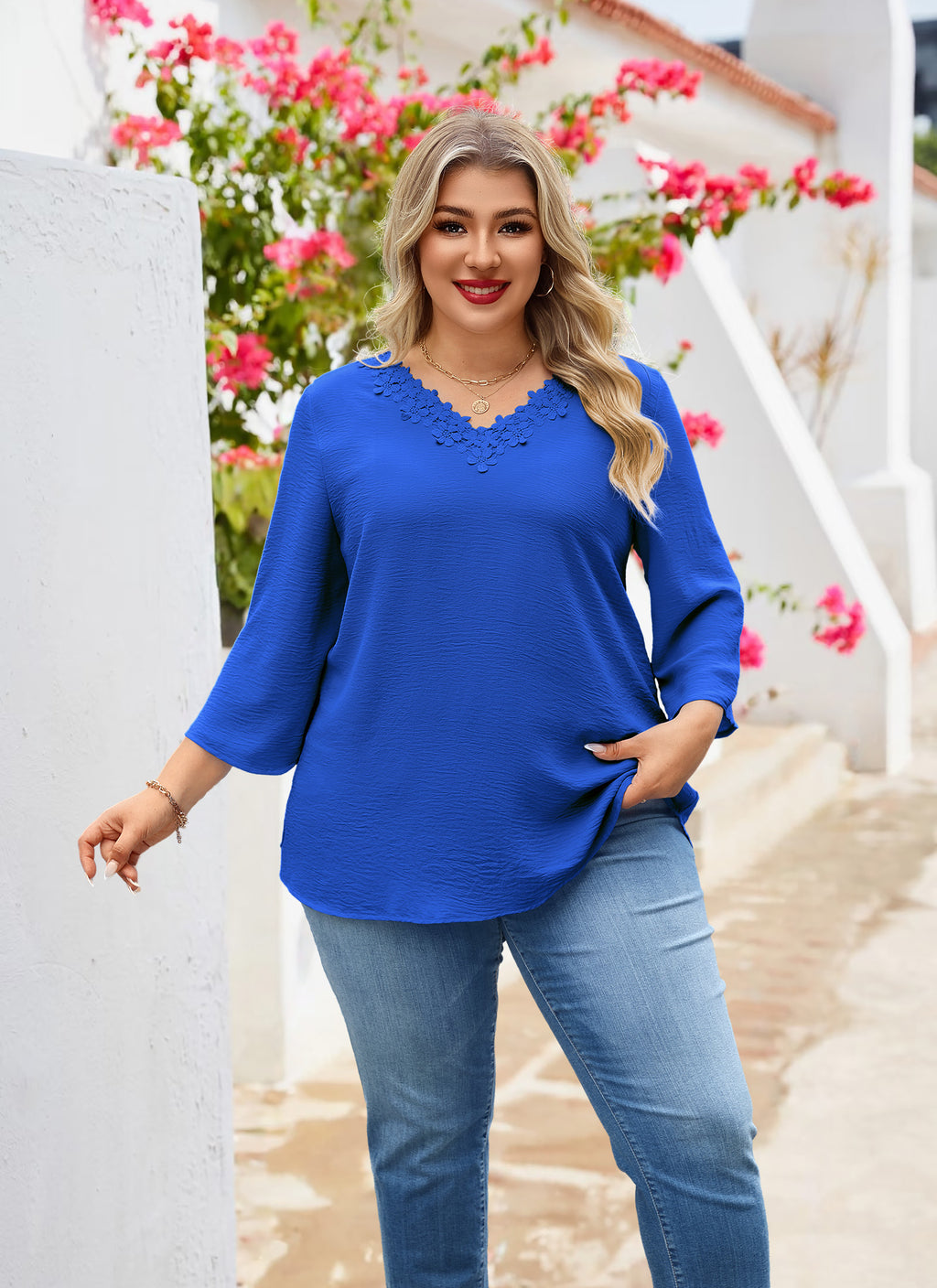 Womens Plus Size Blouses Dressy Casual 3/4 Sleeve Elegant V Neck Floral Trim Ladies Tunics Tops