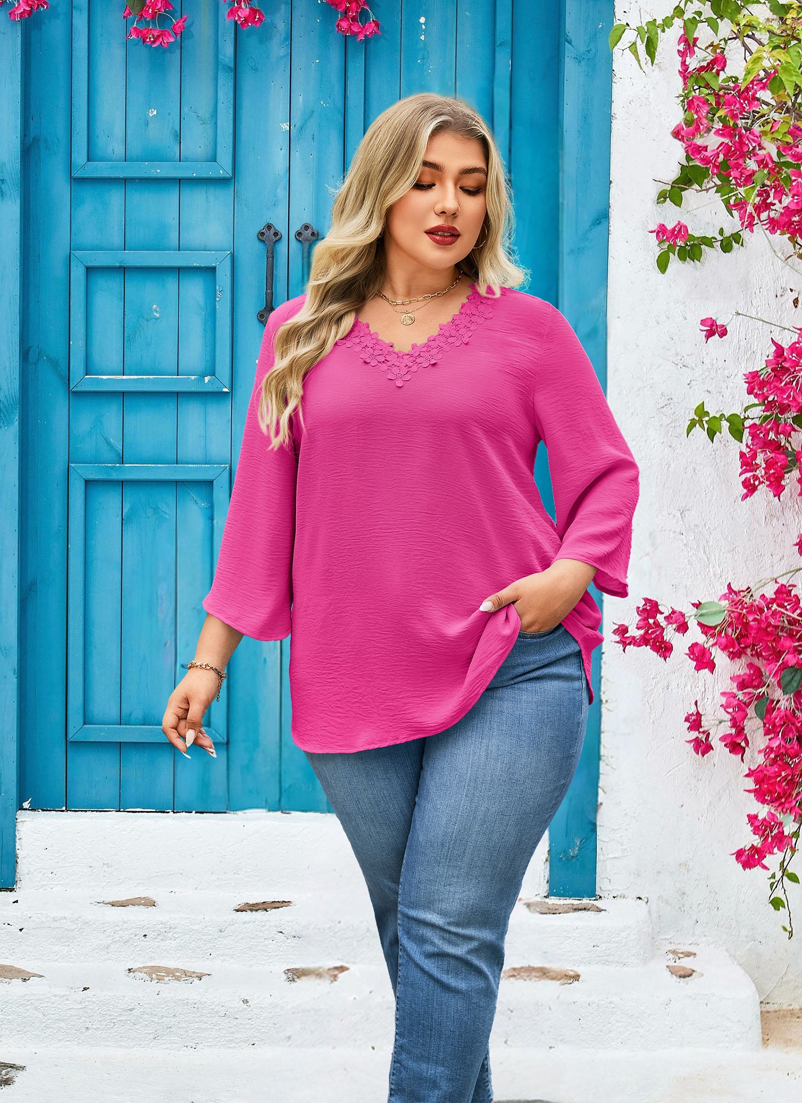 Womens Plus Size Blouses Dressy Casual 3/4 Sleeve Elegant V Neck Floral Trim Ladies Tunics Tops