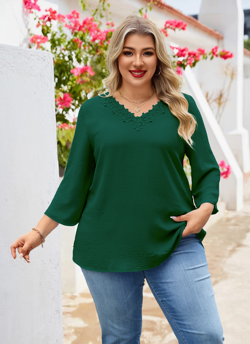 Womens Plus Size Blouses Dressy Casual 3/4 Sleeve Elegant V Neck Floral Trim Ladies Tunics Tops