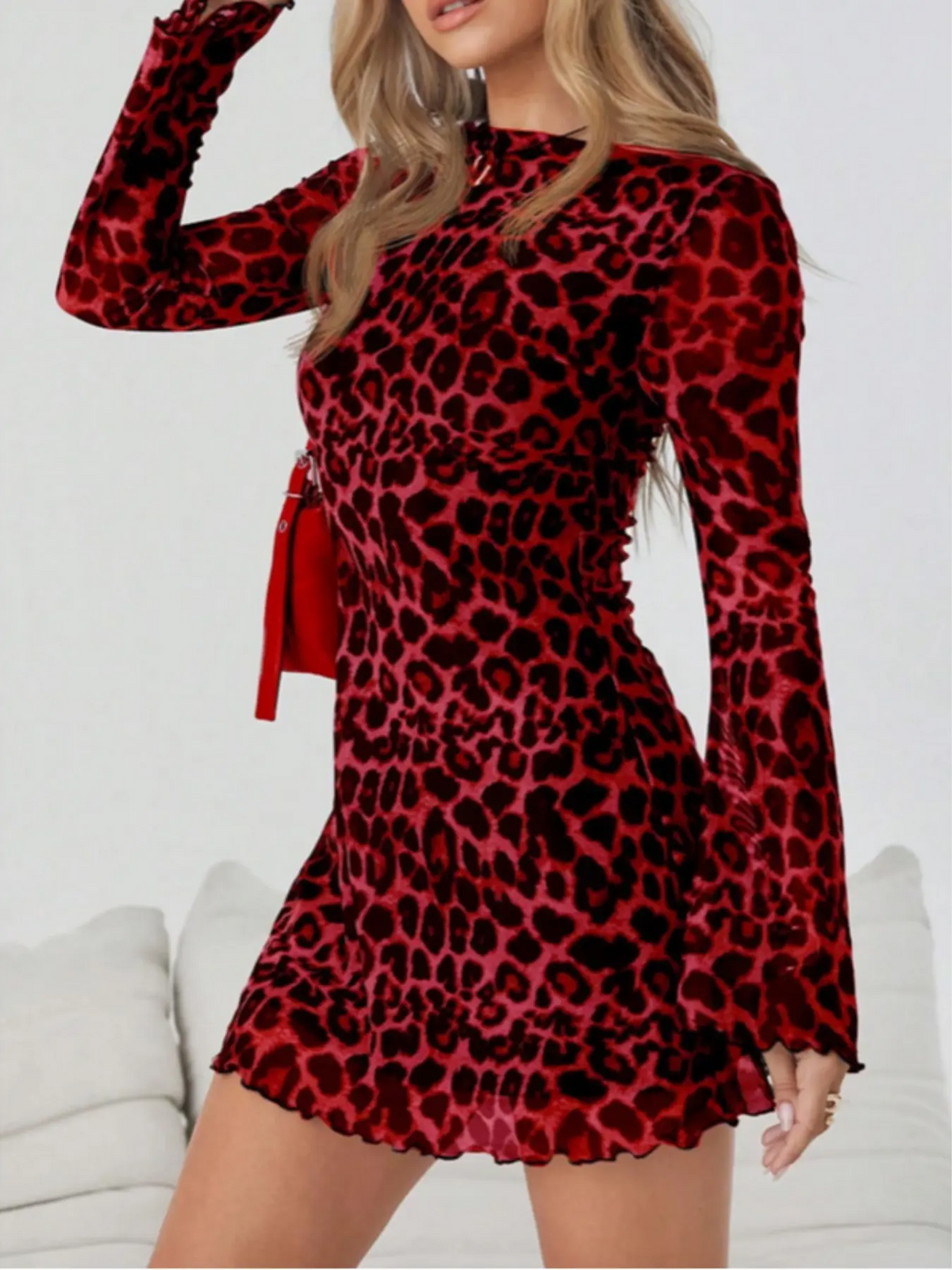 Mesh Print Flare Sleeve Mini Dress