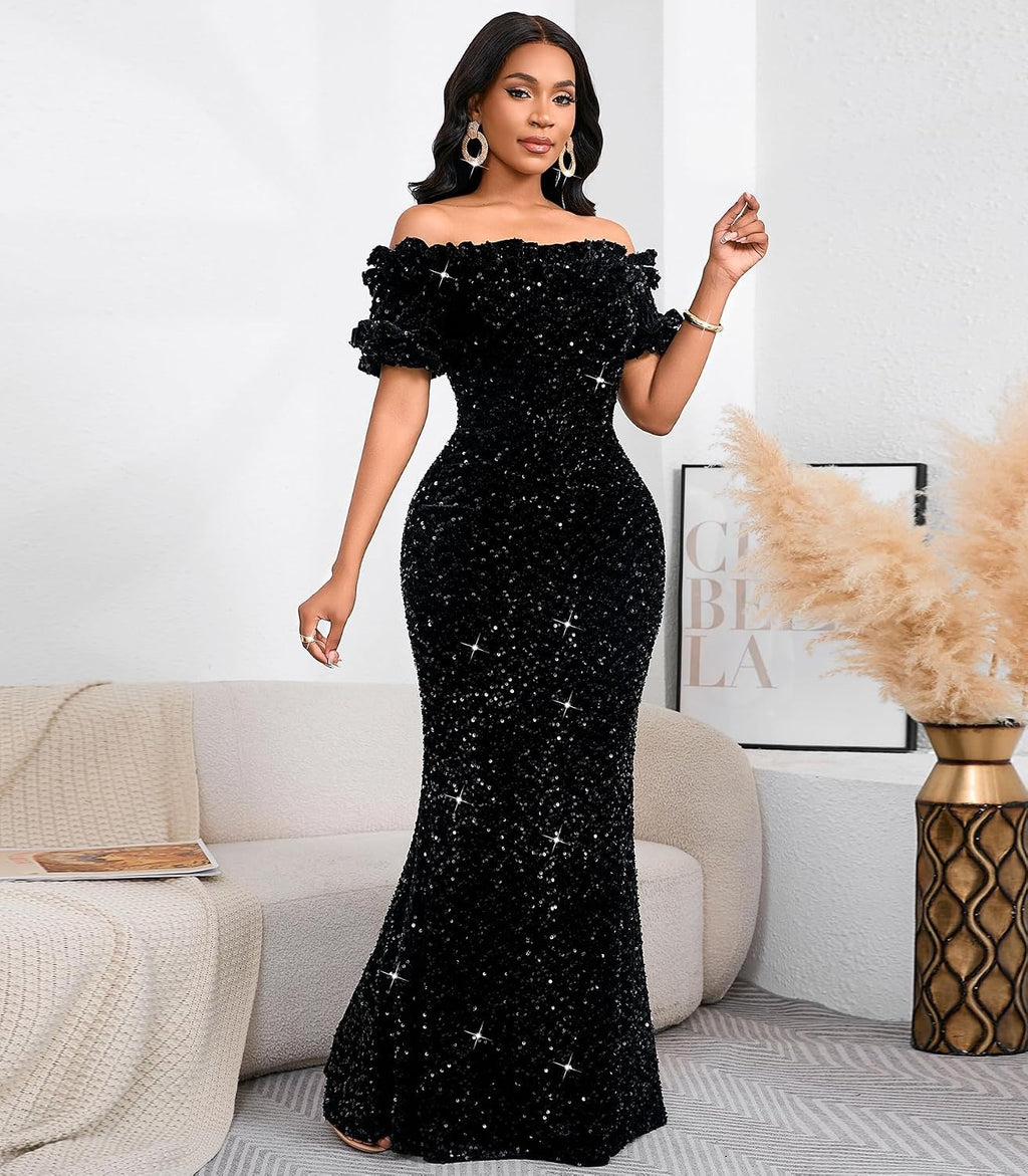 Women's Sequin Off Shoulder Mermaid Maxi Dress