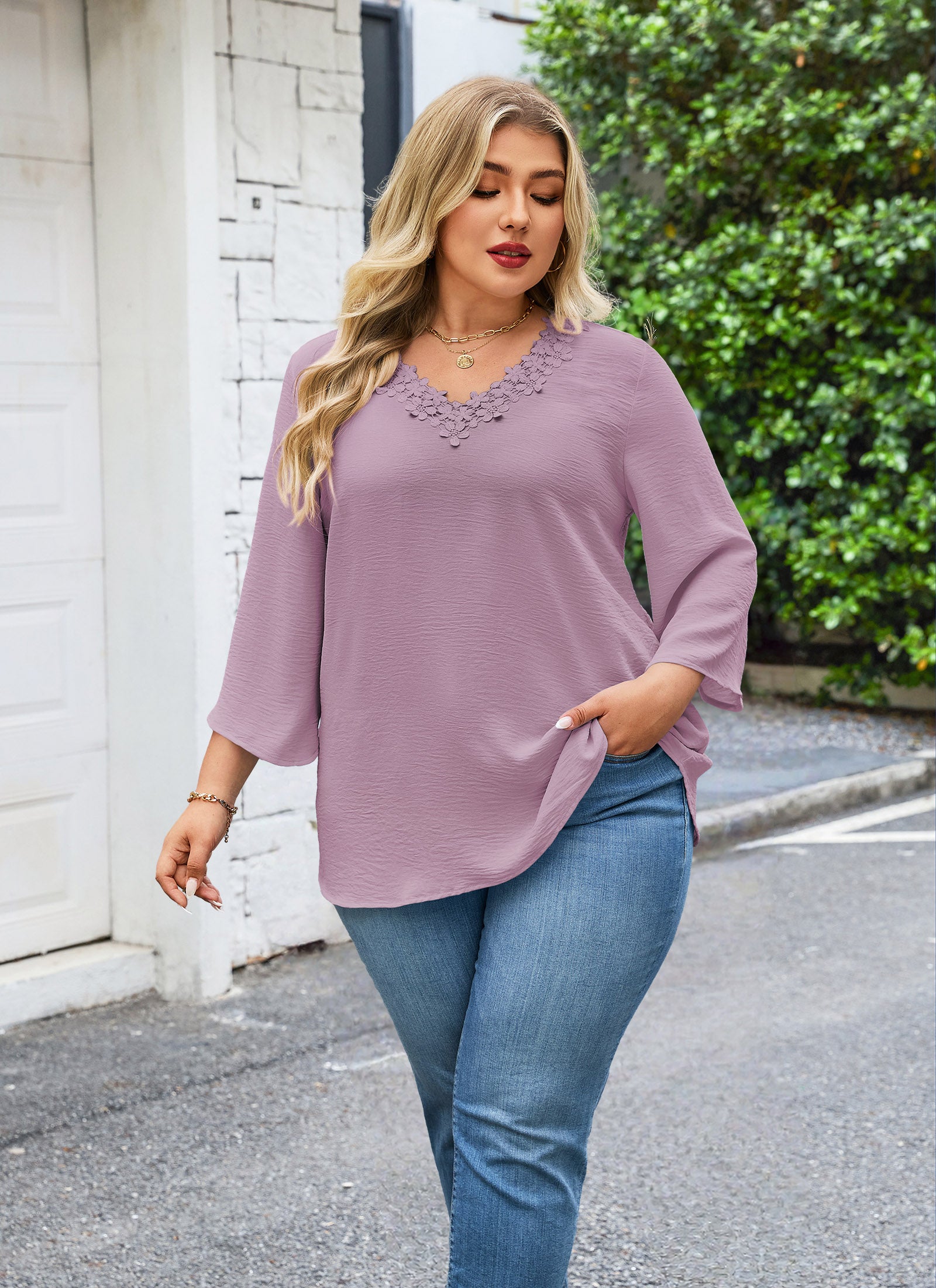 Womens Plus Size Blouses Dressy Casual 3/4 Sleeve Elegant V Neck Floral Trim Ladies Tunics Tops