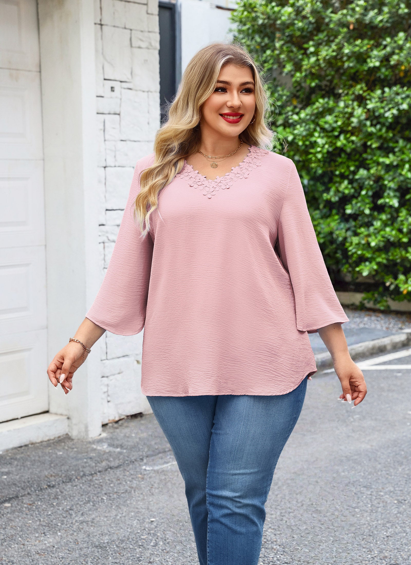 Womens Plus Size Blouses Dressy Casual 3/4 Sleeve Elegant V Neck Floral Trim Ladies Tunics Tops